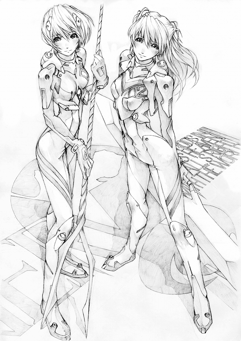 kotatsu-spirit, kotatsu tamashii, ayanami rei, souryuu asuka langley, neon genesis evangelion, rebuild of evangelion, traditional media, 00s, 2girls, bident, greyscale, lance, lance of longinus (evangelion), logo, long hair, mecha pilot suit, monochrome, multiple girls, nerv, plugsuit (evangelion), polearm, short hair, spear, weapon