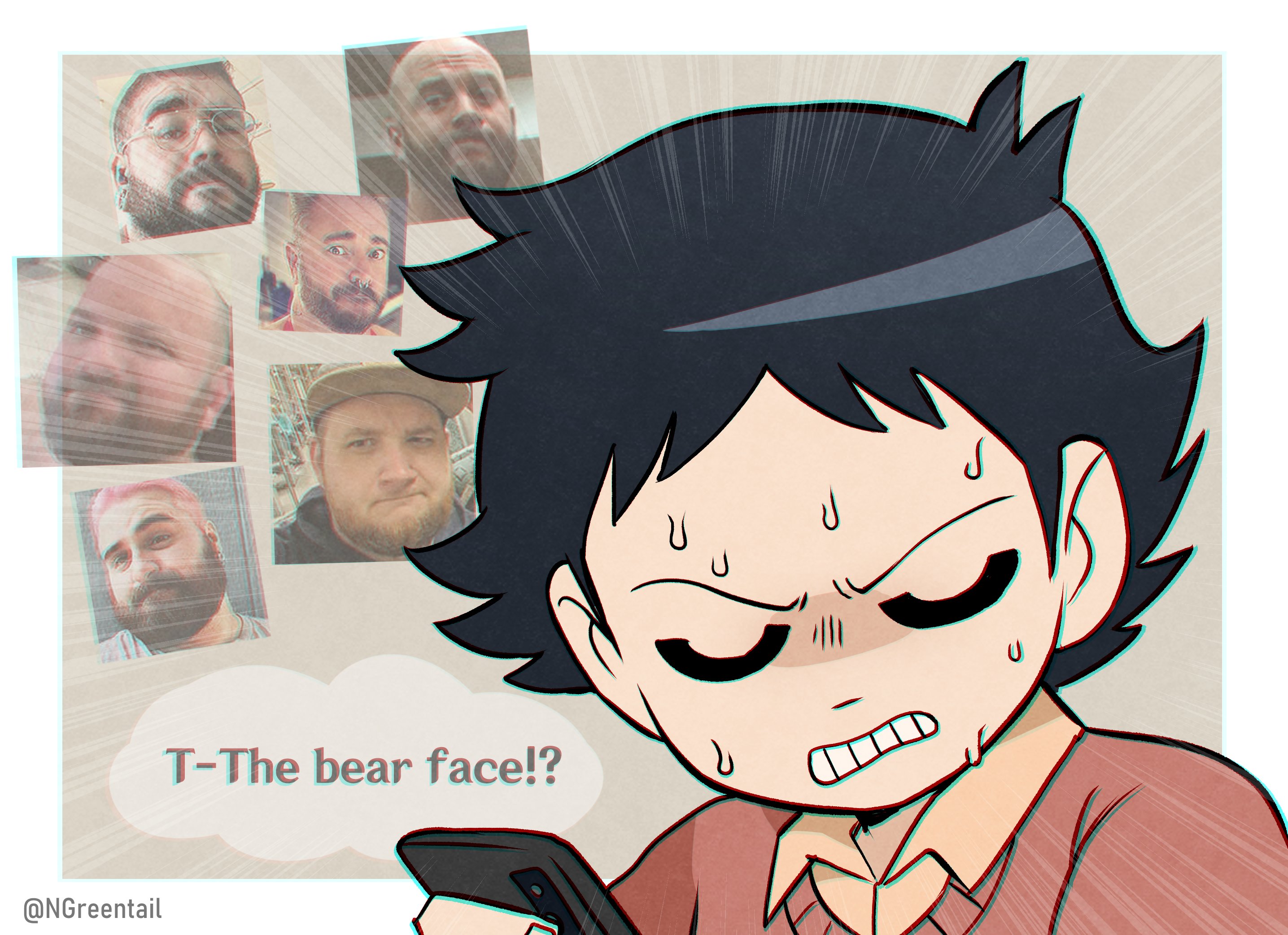 nifast (greentail), wallace wells, scott pilgrim (series), scott pilgrim takes off, highres, 1boy, bara, bear face, beard, clenched teeth, closed eyes, emphasis lines, english text, facial hair, full beard, glasses, holding, holding phone, male focus, medium sideburns, nervous sweating, phone, photo inset, real life insert, short hair, sideburns stubble, speech bubble, stubble, sweat, teeth, u u