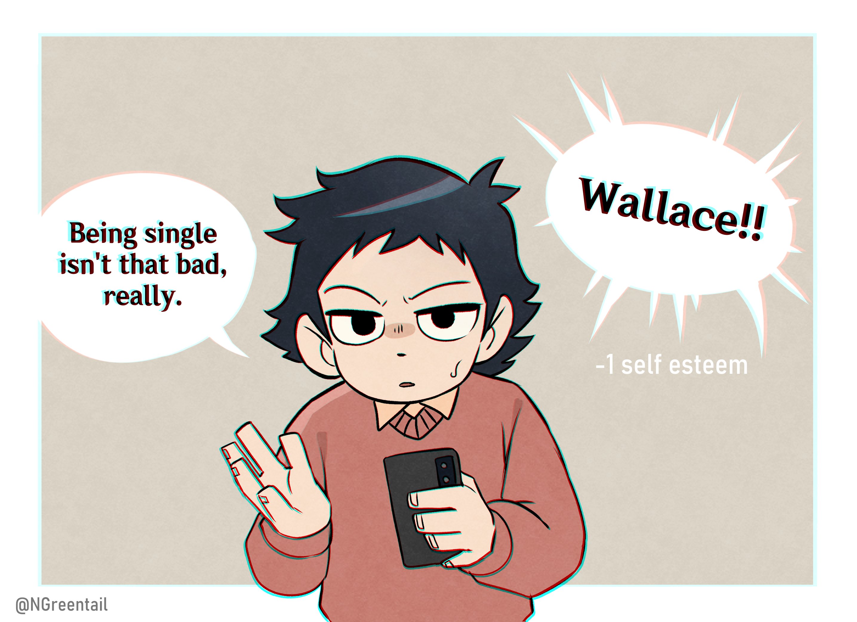 nifast (greentail), wallace wells, scott pilgrim (series), scott pilgrim takes off, highres, 1boy, english text, fourth wall, gameplay mechanics, holding, holding phone, looking at viewer, male focus, phone, shaded face, short hair, solo, speech bubble, standing, sweatdrop, upper body