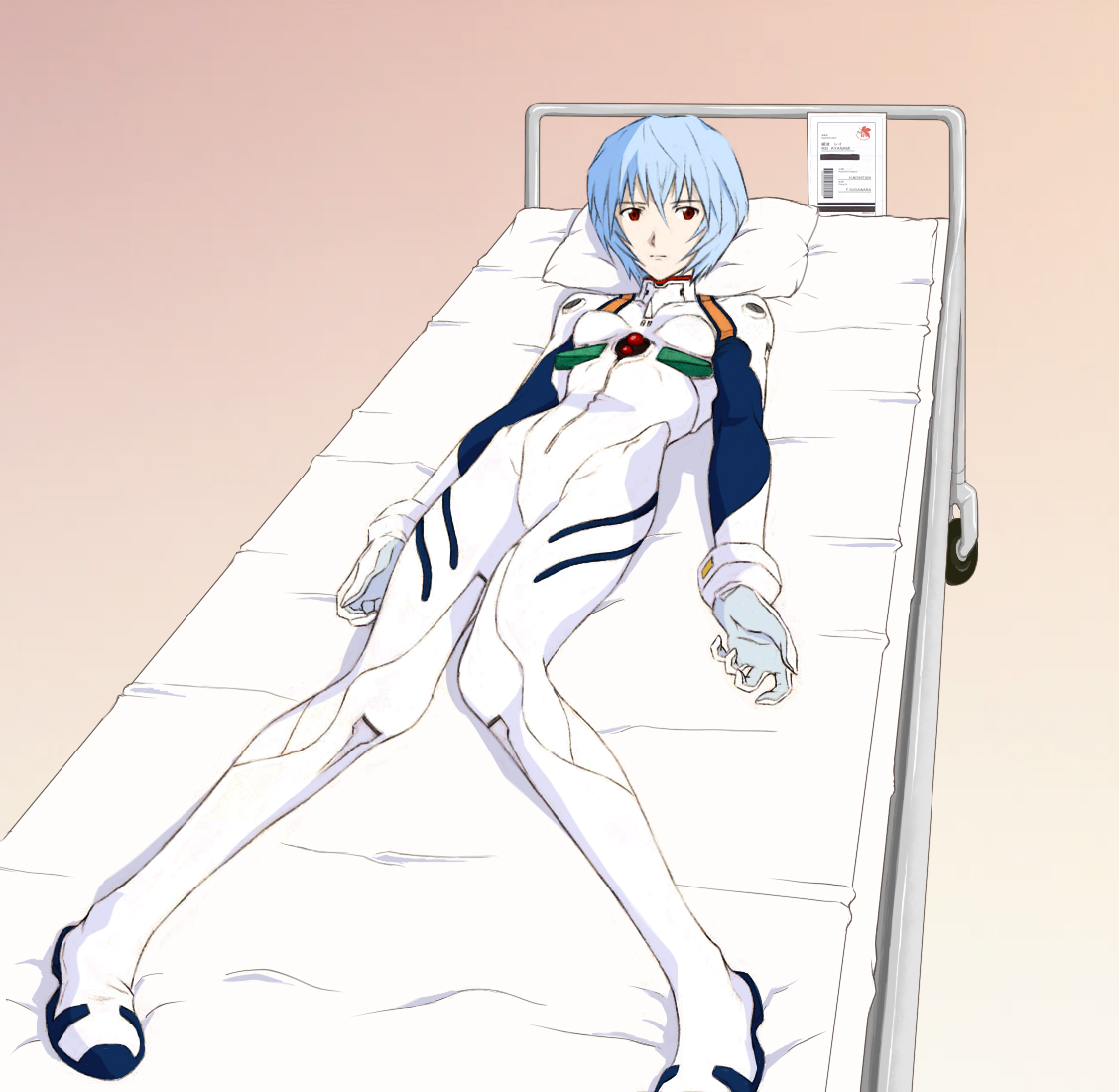 tamura, ayanami rei, neon genesis evangelion, rebuild of evangelion, bad id, bad pixiv id, 00s, 1girl, bed, blue hair, brown background, female focus, from above, gradient background, hospital, hospital bed, mecha pilot suit, plugsuit (evangelion), red eyes, short hair, solo