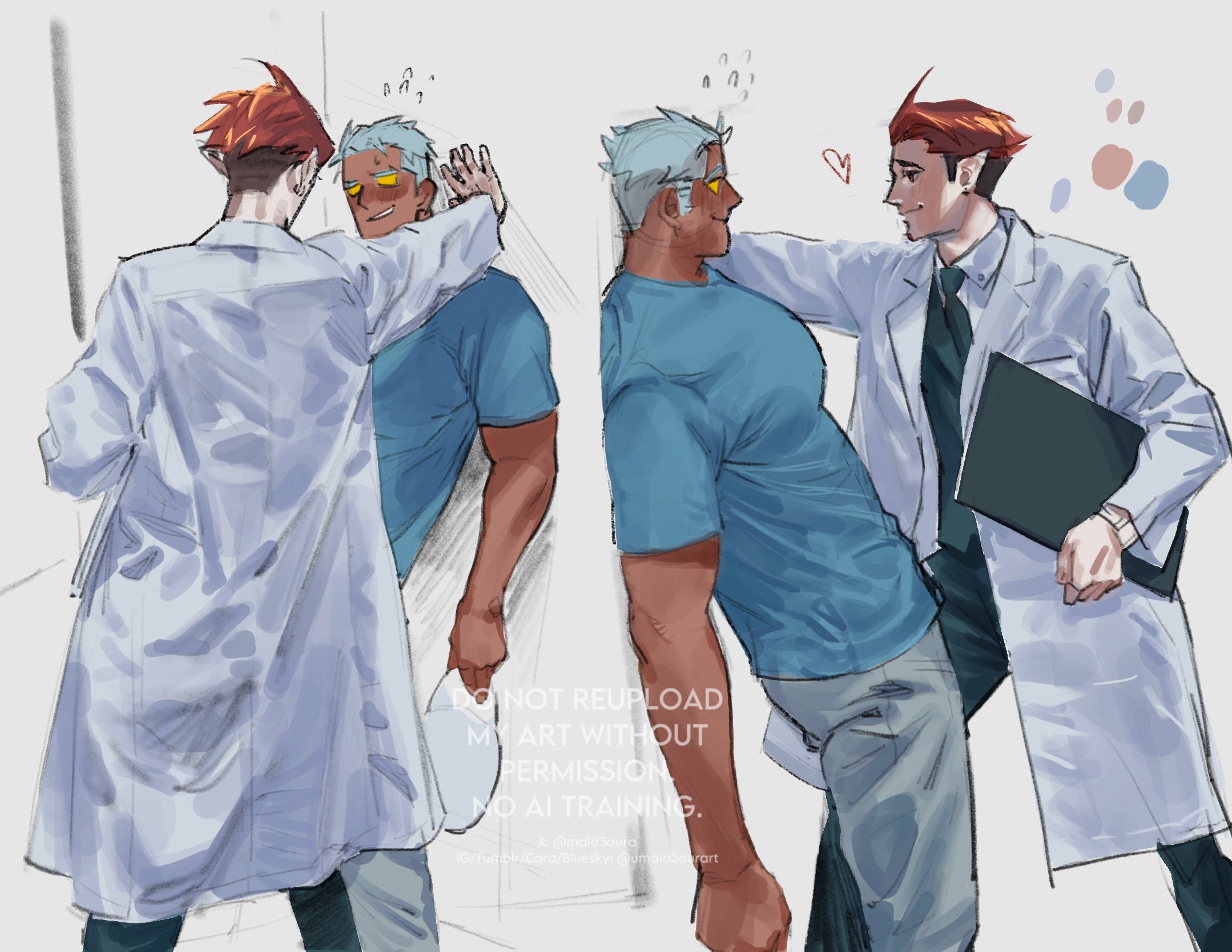 usakomu (komugiko), breakdown (transformers), knockout (transformers), transformers, highres, 2boys, against wall, bara, blank eyes, brown hair, colored sclera, cowboy shot, flying sweatdrops, grey hair, humanization, kabedon, large pectorals, male focus, mature male, medium sideburns, multiple boys, multiple views, muscular, muscular male, muscular uke, pants, pectorals, reversible couple, short hair, sideburns, size difference, standing, undercut, yaoi, yellow sclera