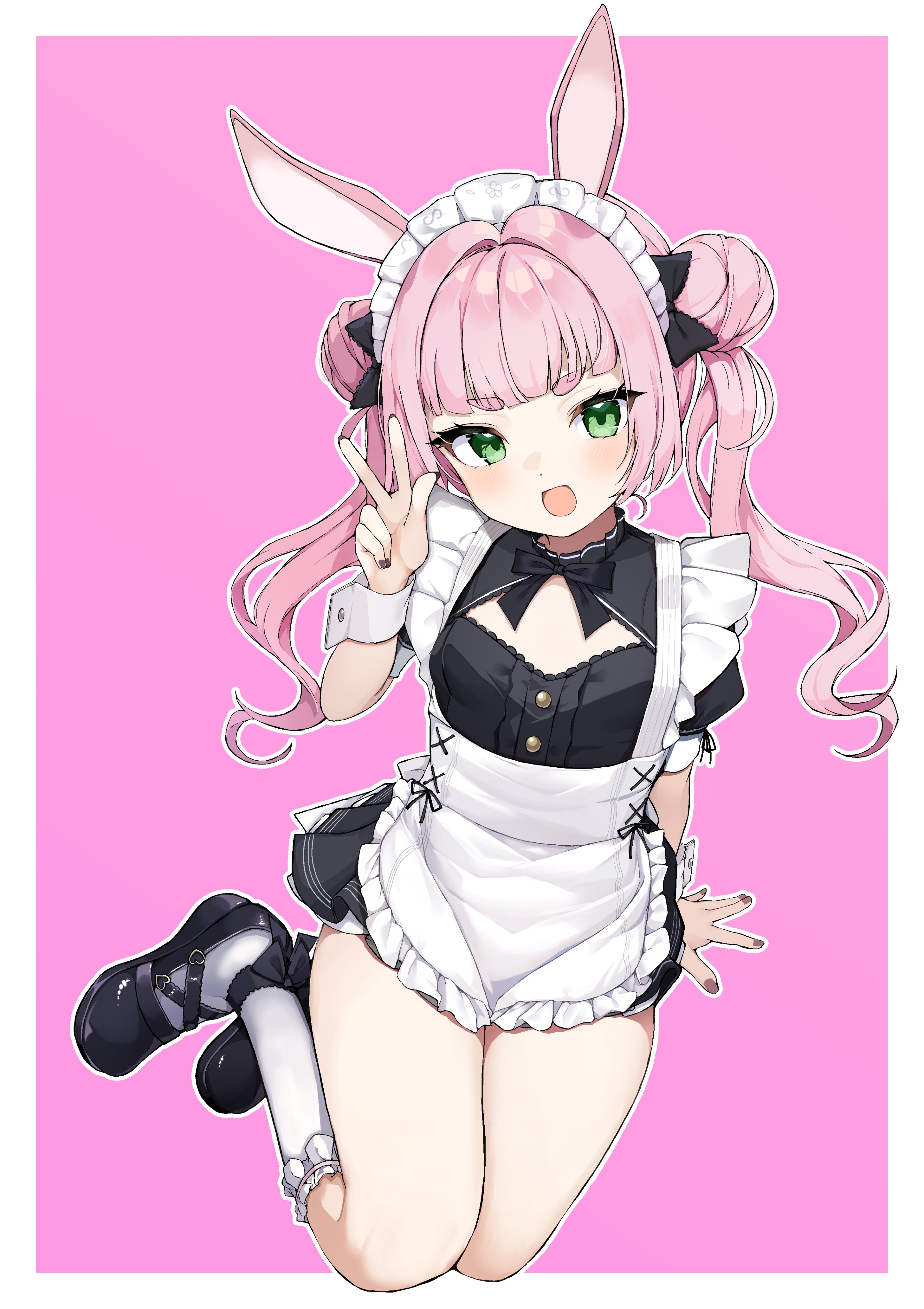 teranekosu, uno sakura, kemomimi refle!, absurdres, highres, 1girl, animal ears, apron, arm up, black dress, black ribbon, black shoes, double bun, dress, green eyes, hair bun, kneehighs, long hair, maid, maid headdress, open mouth, pink background, pink hair, rabbit ears, rabbit girl, ribbon, shoes, short dress, short sleeves, simple background, sitting, smile, socks, solo, thighs, twintails, v, virtual youtuber, white apron, white socks, wrist cuffs