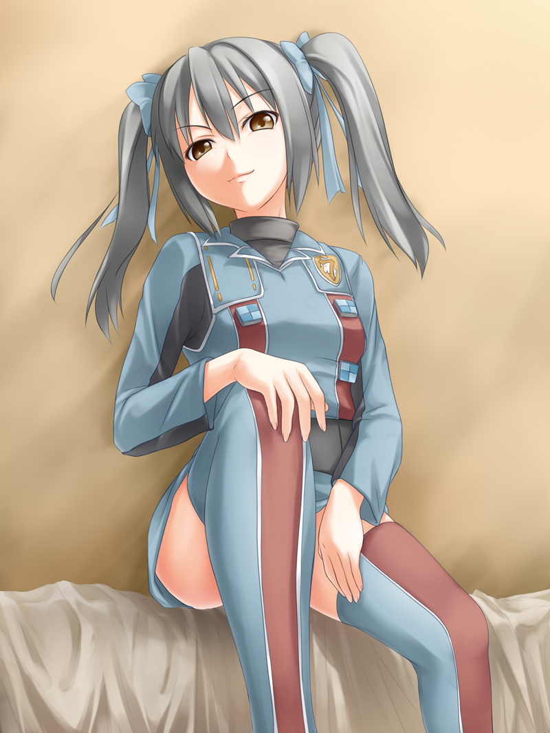 utou yoshio, edy nelson, senjou no valkyria, senjou no valkyria (series), senjou no valkyria 1, silver hair, 00s, 1girl, brown eyes, censored, convenient censoring, convenient leg, female focus, solo, thighhighs, twintails, zettai ryouiki