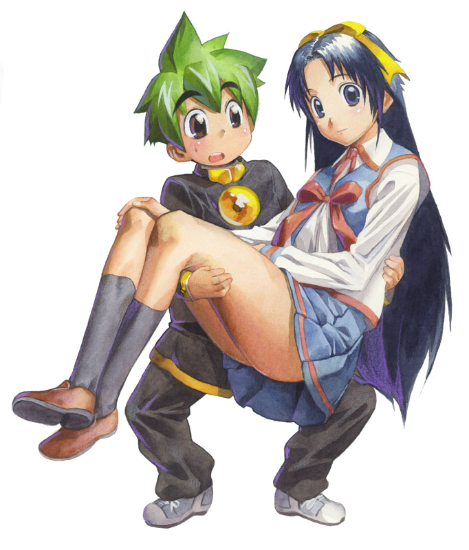 satou toshiyuki, takasu ayako, yoshimura mamoru, mamoru-kun ni megami no shukufuku wo!, character request, 1boy, 1girl, blue eyes, blue hair, carrying, couple, green hair, hetero, long hair, no panties, open mouth, princess carry, school uniform, skirt, teenage girl and younger boy