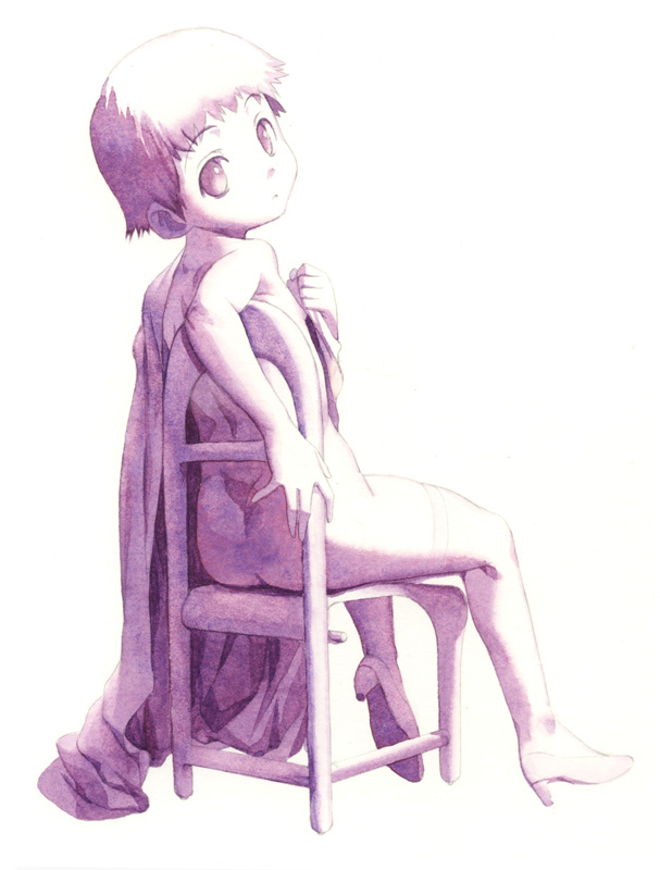 satou toshiyuki, copyright request, 1girl, artistic nudity, ass, chair, expressionless, female focus, from behind, full body, high heels, loli, looking at viewer, looking back, nude, on chair, pinup (style), pumps, purple theme, shoes, short hair, simple background, sitting, solo, thighhighs, white background