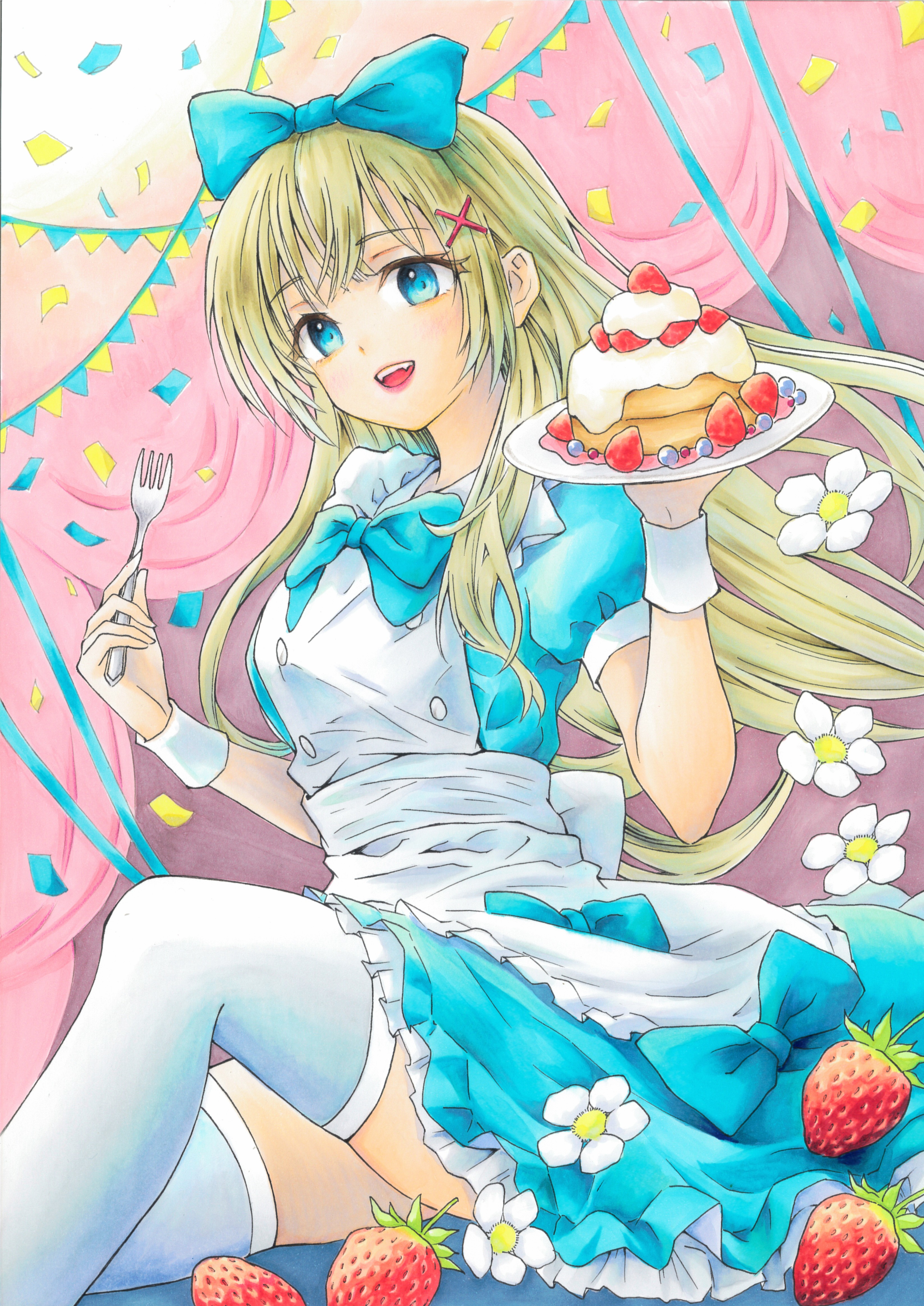 yukki59829, original, absurdres, commentary request, highres, marker (medium), traditional media, 1girl, apron, blonde hair, blue bow, blue bowtie, blue dress, blue eyes, bow, bowtie, cake, colorful, confetti, crossed bangs, dress, feet out of frame, flower, food, fork, fruit, hair bow, hair ornament, hands up, holding, holding plate, long hair, maid, maid apron, open mouth, petticoat, pink flower, plate, short sleeves, sitting, smile, solo, strawberry, thighhighs, white apron, white thighhighs, wristband, x hair ornament