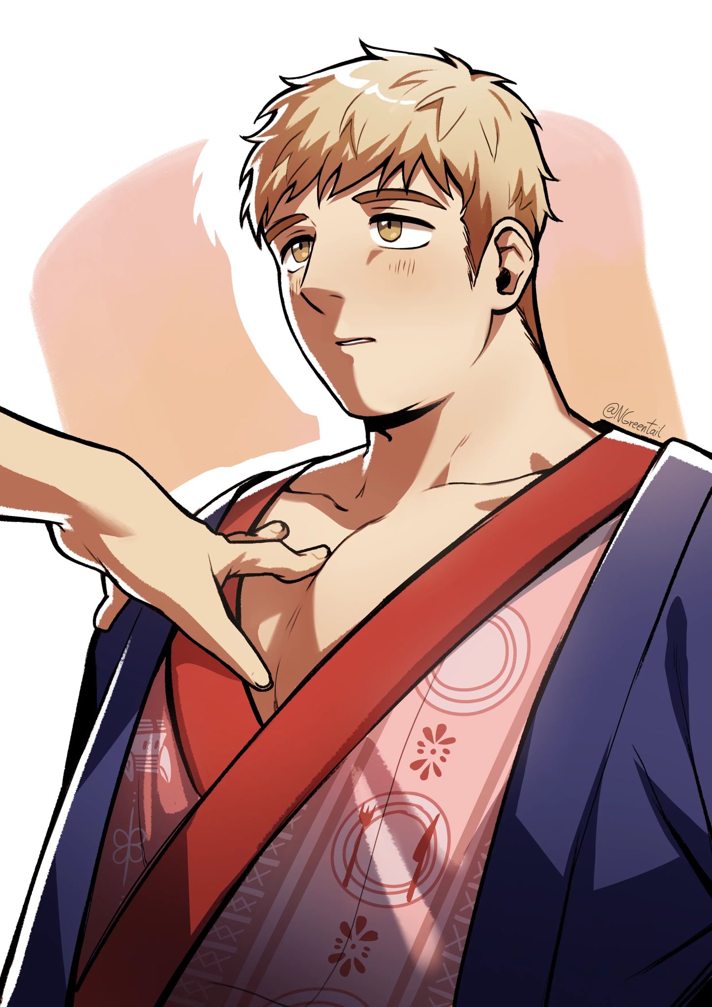 nifast (greentail), laios touden, dungeon meshi, costume request, highres, 1boy, alternate costume, blonde hair, blush, hand on another's chest, male focus, parted lips, pectoral cleavage, pectorals, short hair, solo focus, upper body