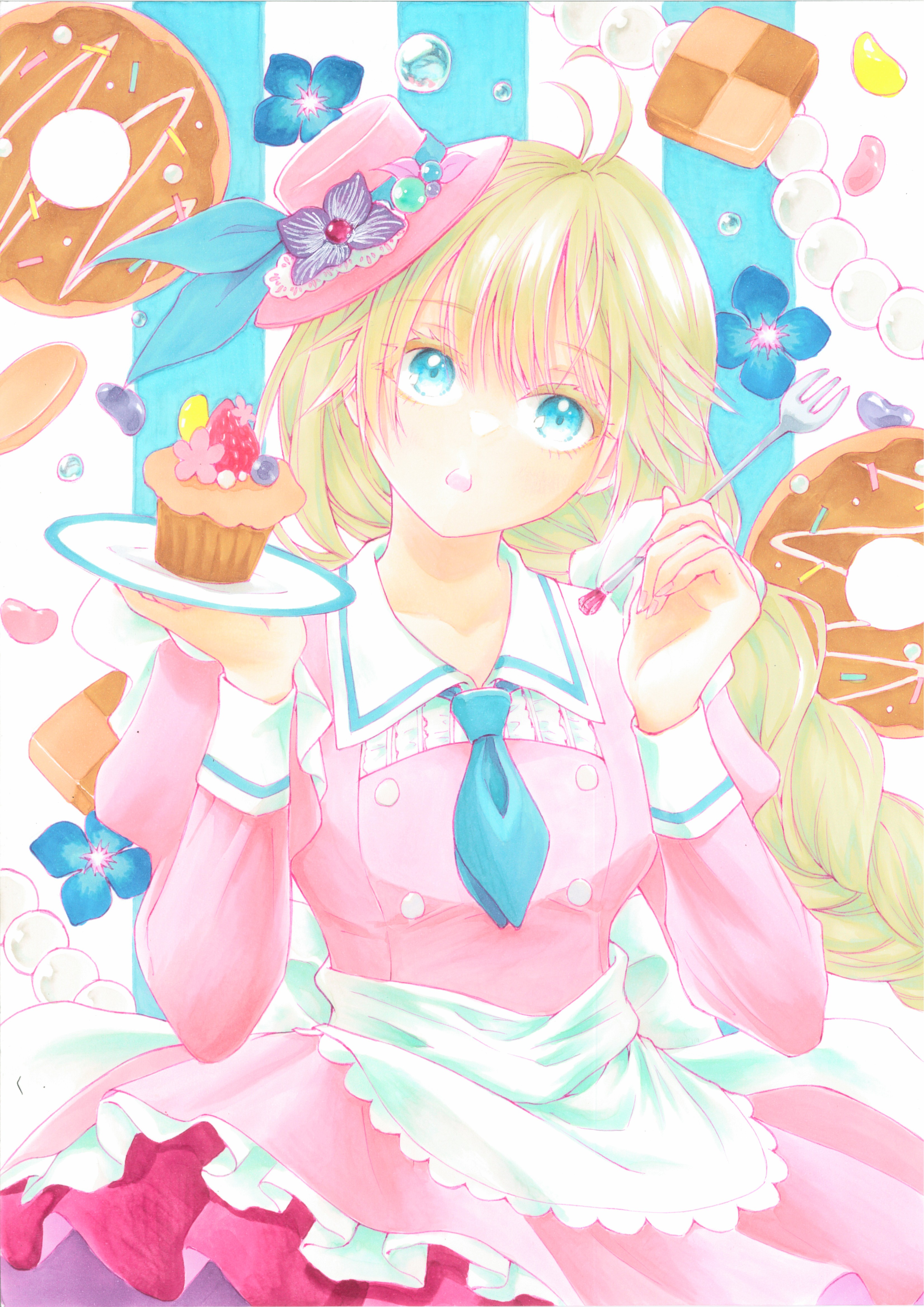 yukki59829, original, absurdres, commentary request, highres, marker (medium), traditional media, 1girl, ahoge, apron, blonde hair, blue eyes, blue flower, blue necktie, blue ribbon, collared dress, colored eyelashes, cookie, cowboy shot, cupcake, donut, dress, flower, food, fork, fruit, hands up, hat, hat flower, hat ornament, hat ribbon, holding, holding fork, holding plate, long sleeves, looking at viewer, mini hat, necktie, open mouth, pastel colors, pink dress, pink hat, plate, ribbon, short necktie, solo, straight-on, strawberry, swept bangs, waist apron, white apron, wing collar