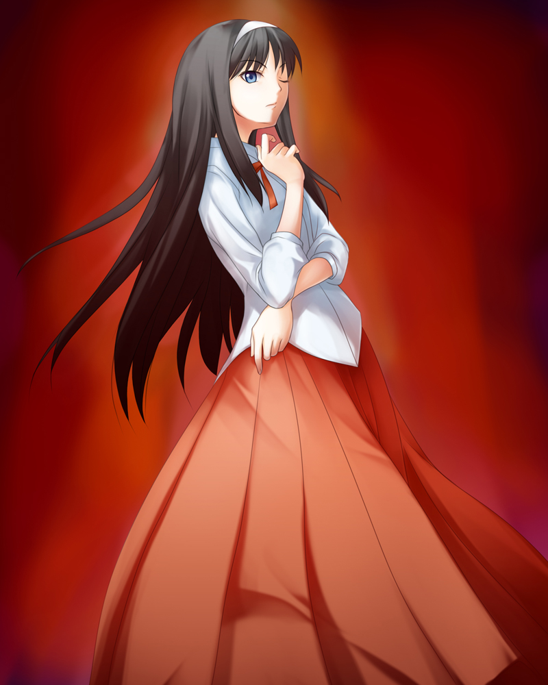 utou yoshio, tohno akiha, tsukihime, tagme, 00s, black hair, blue eyes, one eye closed, solo, wink