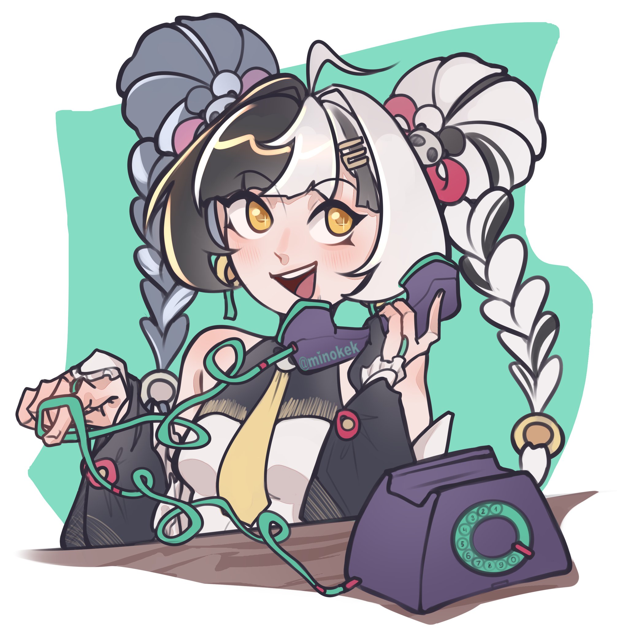 dialyn (zenless zone zero), zenless zone zero, hashtag-only commentary, highres, 1girl, ahoge, bare shoulders, black hair, blush, braid, braided twintails, china dress, chinese clothes, corded phone, detached sleeves, double bun, dress, green background, hair bun, hair extensions, hair intakes, hair ornament, hairclip, holding, holding phone, looking to the side, minoka, multicolored hair, necktie, open mouth, orange eyes, panda hair ornament, phone, ring hair extensions, solo, sparkling eyes, split-color hair, talking on phone, twitter username, two-tone background, upper body, white background, white hair, wire, yellow necktie