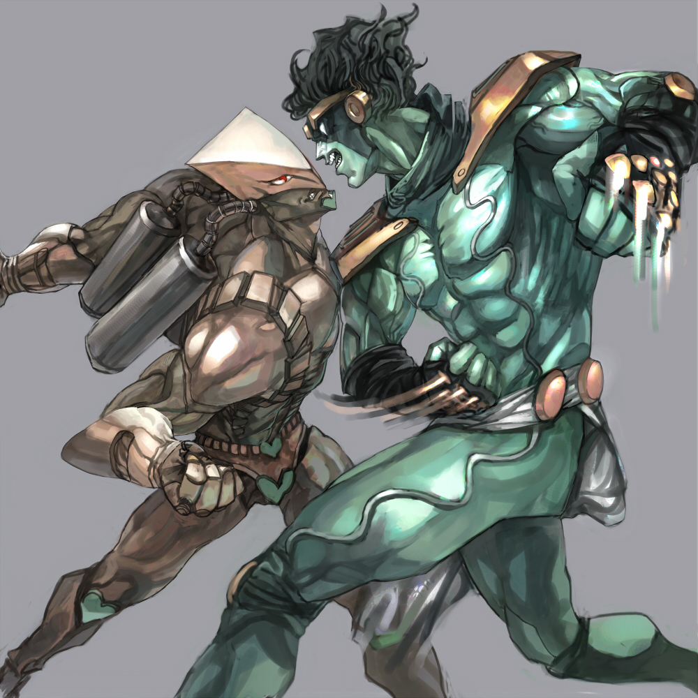 touge (kubiwa tsuki), star platinum, the world, jojo no kimyou na bouken, bad id, bad pixiv id, 2boys, armor, ass, battle, black hair, colored skin, green skin, grey background, loincloth, male focus, manly, monster, multiple boys, muscular, no humans, pelvic curtain, simple background, stand (jojo), standing