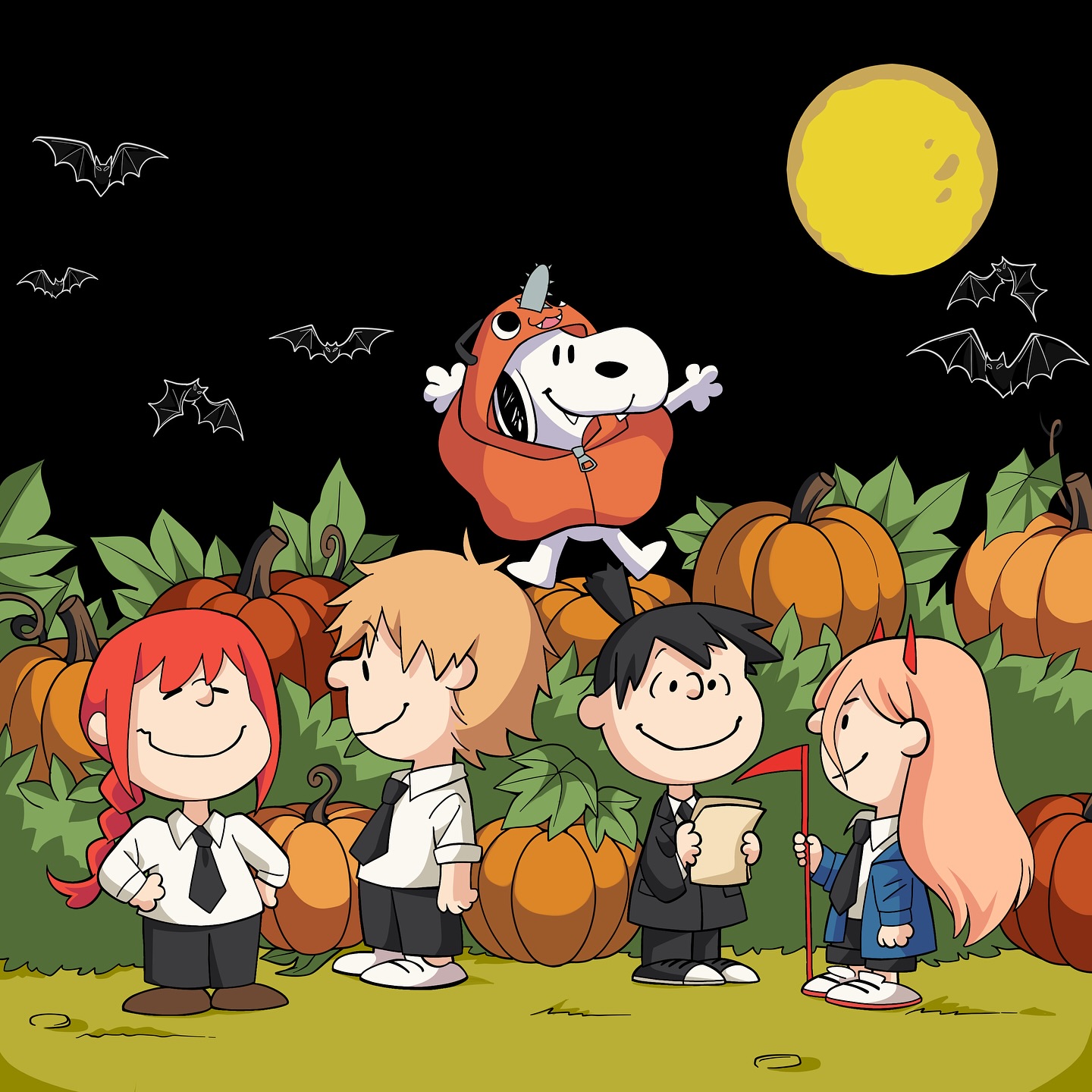 denji (chainsaw man), hayakawa aki, makima (chainsaw man), pochita (chainsaw man), power (chainsaw man), snoopy, chainsaw man, peanuts (comic), commentary, derivative work, english commentary, highres, second-party source, 2girls, 3boys, bat (animal), black hair, black necktie, black suit, blonde hair, blue jacket, braid, braided ponytail, cosplay, crossover, formal clothes, full moon, heyreza.art, horns, jacket, moon, multiple boys, multiple girls, necktie, parody, pink hair, pochita (chainsaw man) (cosplay), pumpkin, red eyes, red horns, shoes, sidelocks, single braid, style parody, suit, topknot, white shoes