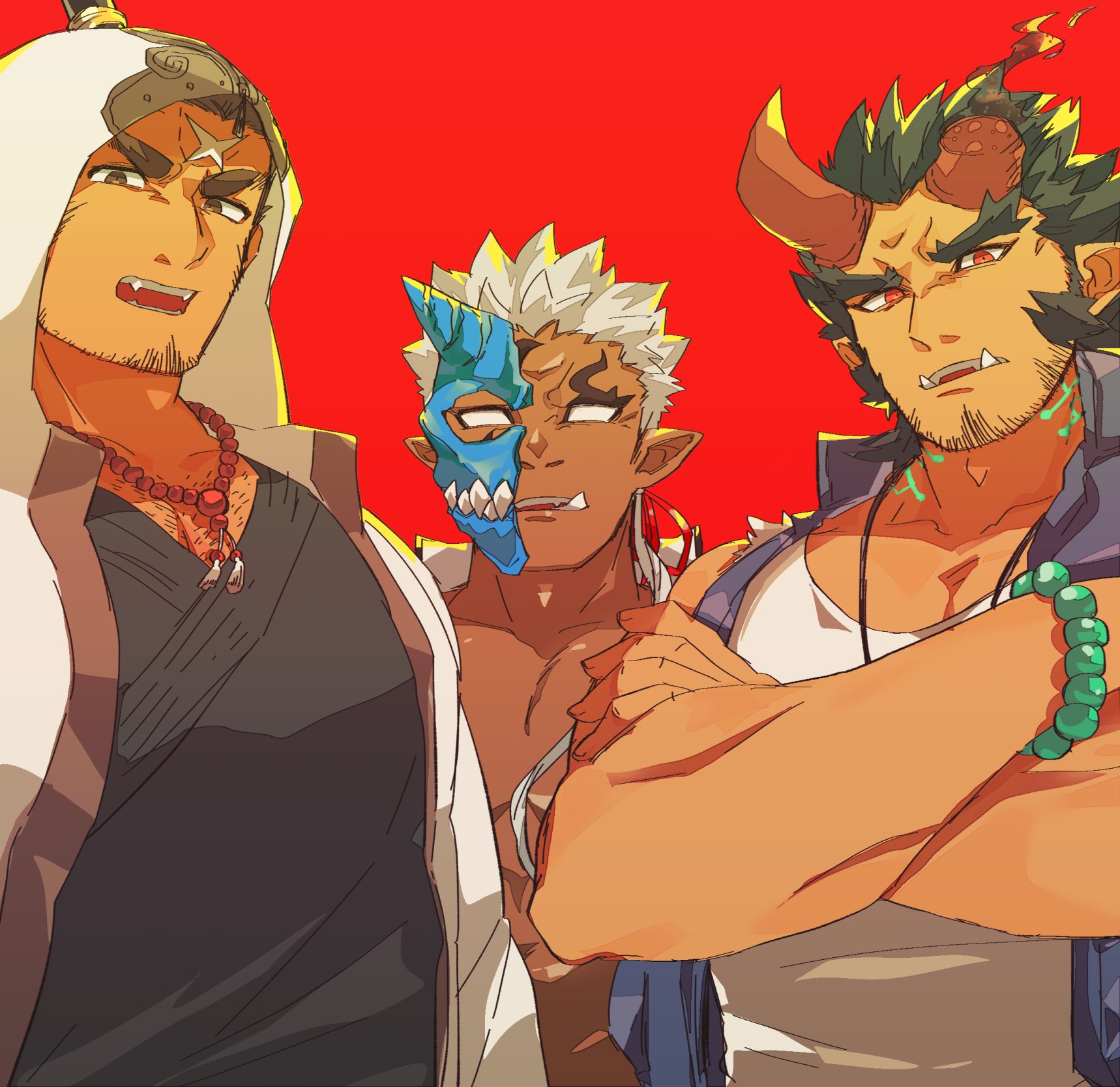 bone color919, houzouin oniwaka, shuten douji (housamo), takemaru (housamo), tokyo houkago summoners, highres, protected link, 3boys, bara, blank eyes, broken horn, crossed arms, demon boy, demon horns, facial hair, frown, half mask, hood, hood up, horns, large pectorals, male focus, mask, mature male, multiple boys, muscular, muscular male, mutton chops, oni mask, pectoral cleavage, pectorals, serious, sparse chest hair, stubble, thick eyebrows, upper body