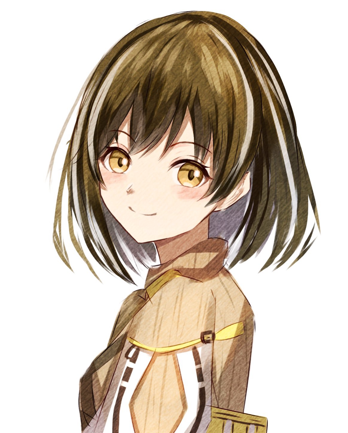 yoi (a27963244), magallan (arknights), arknights, commentary request, highres, partial commentary, 1girl, blush, brown hair, brown sweater, closed mouth, looking at viewer, multicolored hair, portrait, short hair, simple background, smile, solo, split mouth, streaked hair, sweater, white background, white hair, yellow eyes