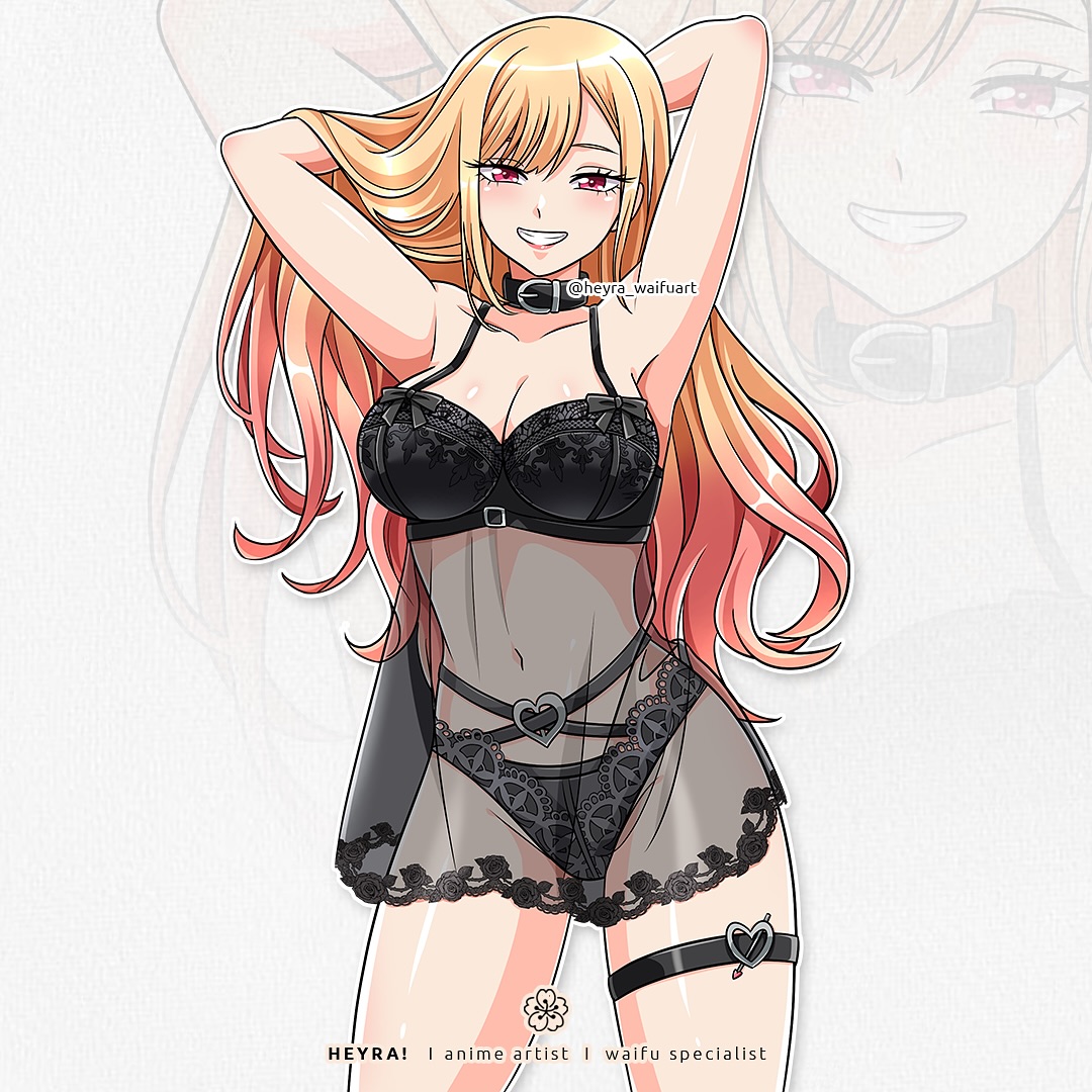 kitagawa marin, sono bisque doll wa koi wo suru, commentary, english commentary, 1girl, arms behind back, artist name, babydoll, black babydoll, black bra, black collar, black panties, blonde hair, bra, breasts, cleavage, collar, cowboy shot, eye contact, gradient hair, grin, hand in own hair, heyreza.art, lace, lace-trimmed bra, lace-trimmed panties, lace trim, large breasts, lingerie, looking at another, multicolored hair, panties, red eyes, red hair, see-through clothes, smile, solo, thigh strap, twitter username, underwear, watermark, zoom layer