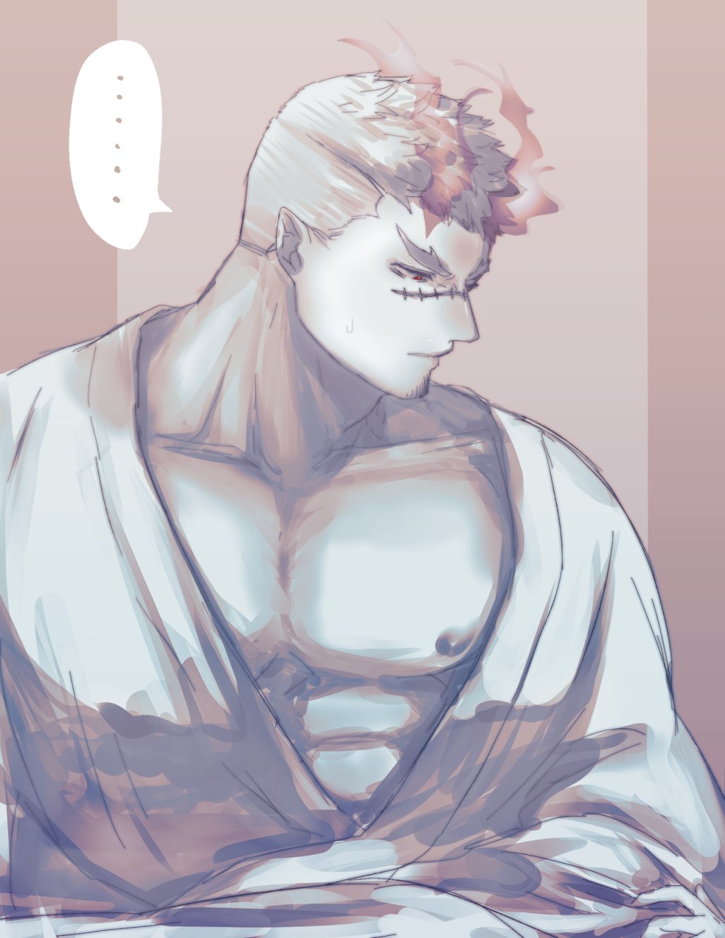 bone color919, yoritomo (housamo), tokyo houkago summoners, highres, protected link, …, 1boy, bara, bare pectorals, brown theme, facial hair, fiery horns, forked eyebrows, goatee, horns, japanese clothes, kimono, large pectorals, looking down, male focus, mature male, monochrome, muscular, muscular male, nipples, open clothes, open kimono, pectorals, pointy ears, scar, scar on face, scar on nose, short hair, solo, upper body