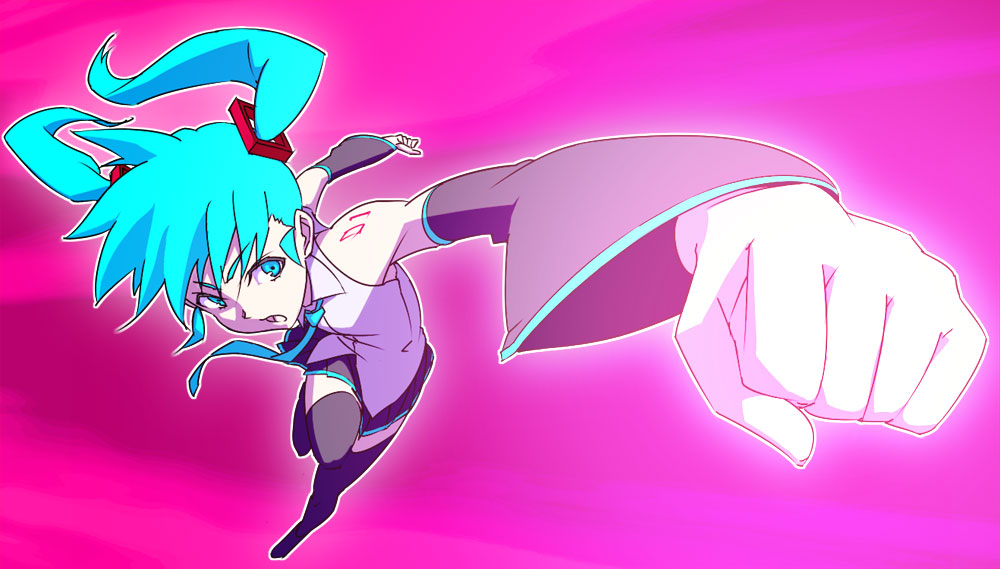 guntank (artist), guntank (guriko), hatsune miku, vocaloid, bad id, bad pixiv id, 1girl, aqua eyes, aqua hair, clenched hand, detached sleeves, female focus, long hair, necktie, skirt, solo, thighhighs, twintails