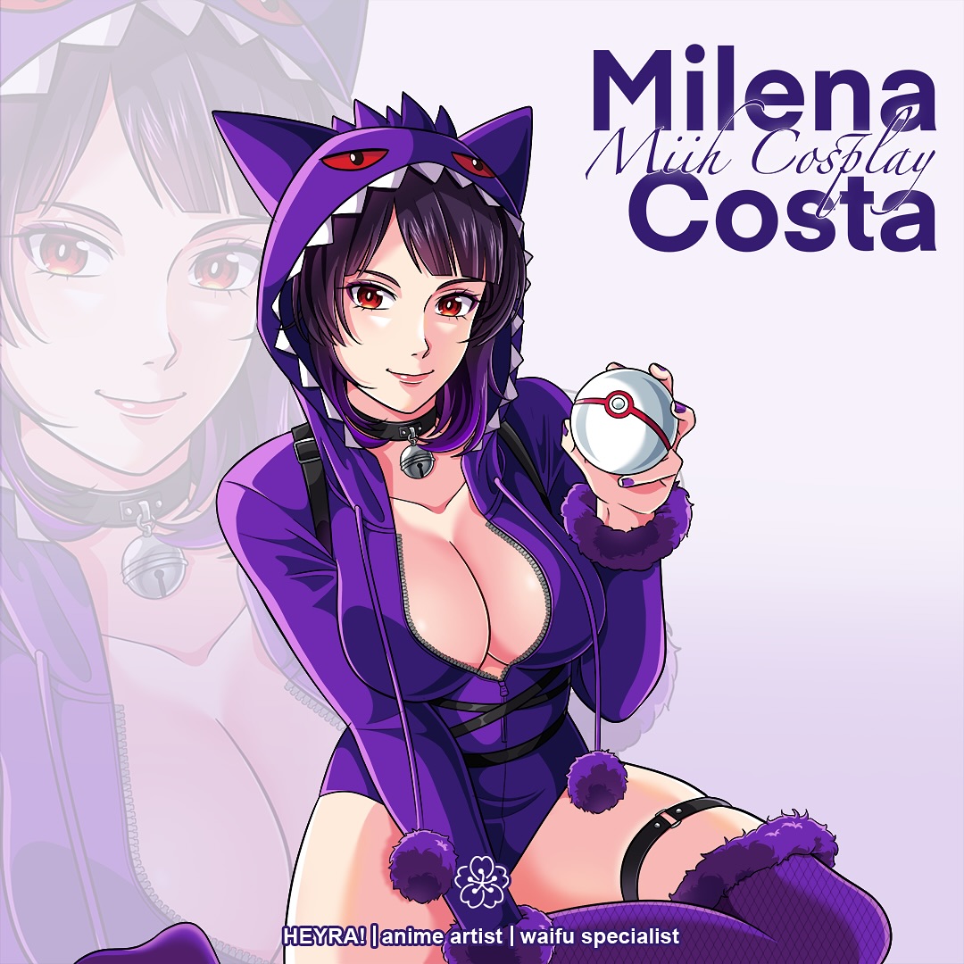 gengar, nintendo, pokemon, real life, commentary, english commentary, photo-referenced, 1girl, artist name, bell, black collar, black hair, breasts, character name, cleavage, collar, fur-trimmed thighhighs, fur trim, gen 1 pokemon, gradient hair, heyreza.art, holding, holding poke ball, hood, hoodie, jingle bell, large breasts, leotard, miih (cosplayer), multicolored hair, neck bell, o-ring, o-ring thigh strap, poke ball, premier ball, purple hair, purple hoodie, purple leotard, purple lips, purple nails, purple thighhighs, red eyes, sitting, smile, solo, thigh strap, thighhighs, watermark, zoom layer