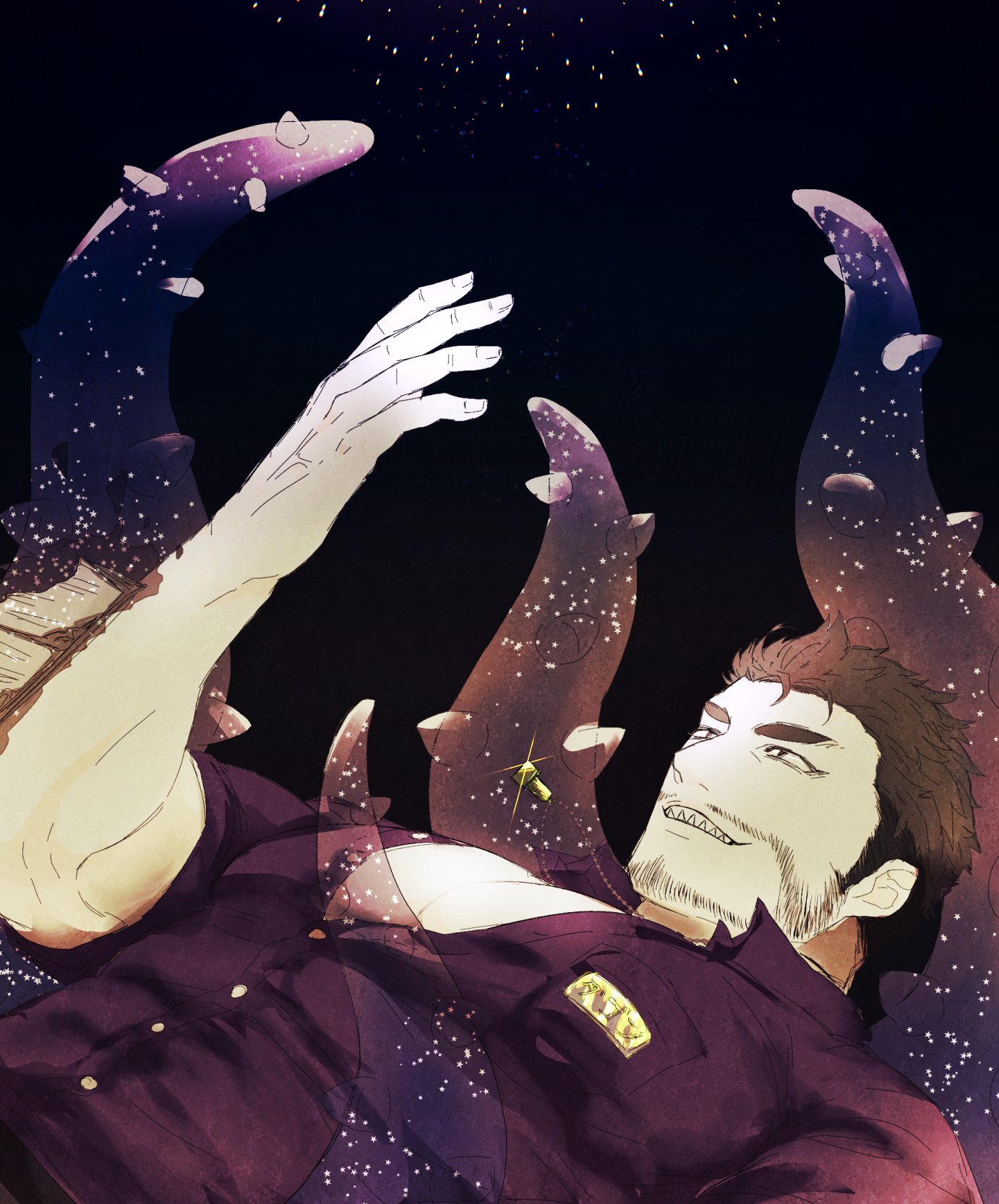 bone color919, dagon (housamo), tokyo houkago summoners, highres, protected link, 1boy, arm fins, bara, beard stubble, facial hair, fish boy, from side, glint, grin, hand up, jewelry, large pectorals, long sideburns, lying, male focus, mature male, monster boy, muscular, muscular male, mustache stubble, necklace, on back, pectoral cleavage, pectorals, sharp teeth, short hair, short sleeves, sideburns, sky, smile, solo, star (sky), starry sky, starry sky background, stubble, teeth, tentacles, upper body, veins, veiny hands