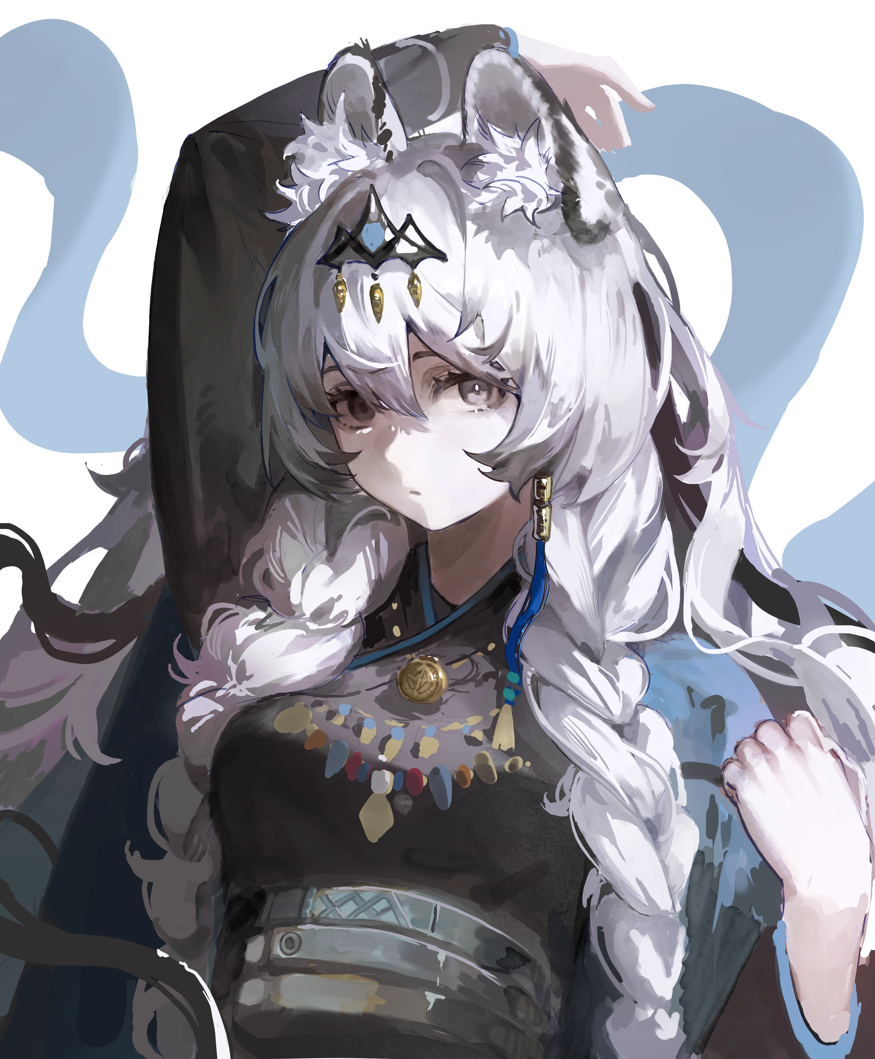 jiuxiaoshi, pramanix (arknights), arknights, absurdres, highres, 1girl, animal ear fluff, animal ears, arm up, black dress, black eyes, black hair, braid, closed mouth, dress, hair between eyes, hair ornament, long hair, long sleeves, looking at viewer, multicolored hair, pramanix the prerita (arknights), solo, streaked hair, twin braids, upper body, white background, white hair