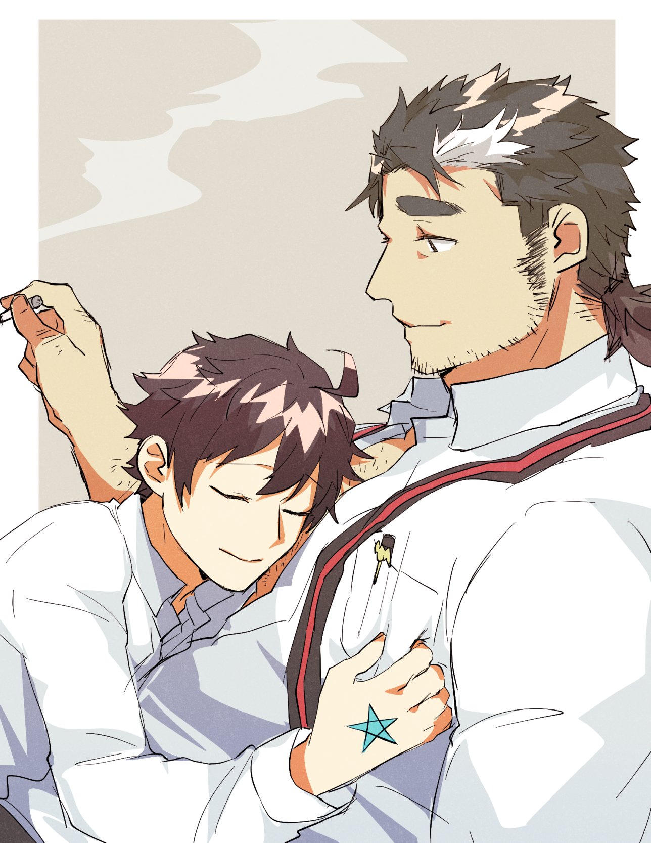 bone color919, mononobe kyoma, protagonist 4 (housamo), tokyo houkago summoners, highres, protected link, bara, chest hair, facial hair, hand hair, light smile, male focus, mature male, multicolored hair, muscular, muscular male, partially unbuttoned, short hair, sideburns stubble, sleeping, sleeping on person, smoking, sparse stubble, streaked hair, stubble, thick eyebrows, white hair, yaoi