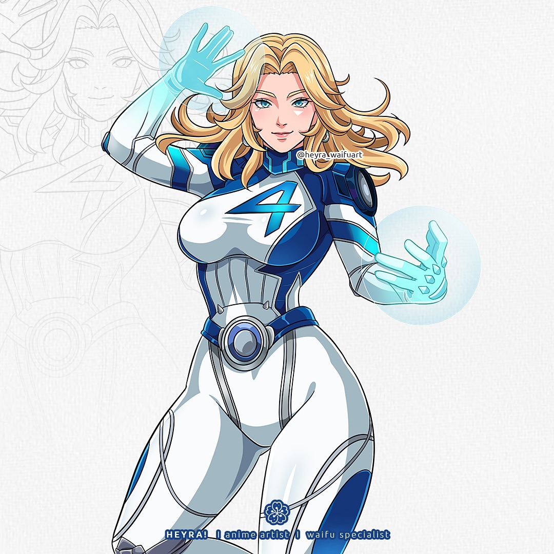 sue storm, fantastic four, marvel, marvel rivals, commentary, commentary request, english commentary, 1girl, artist name, blonde hair, blue eyes, bodysuit, breasts, earrings, energy barrier, heyreza.art, jewelry, large breasts, multicolored bodysuit, smile, solo, superhero costume, twintails, two-tone bodysuit, watermark, zoom layer