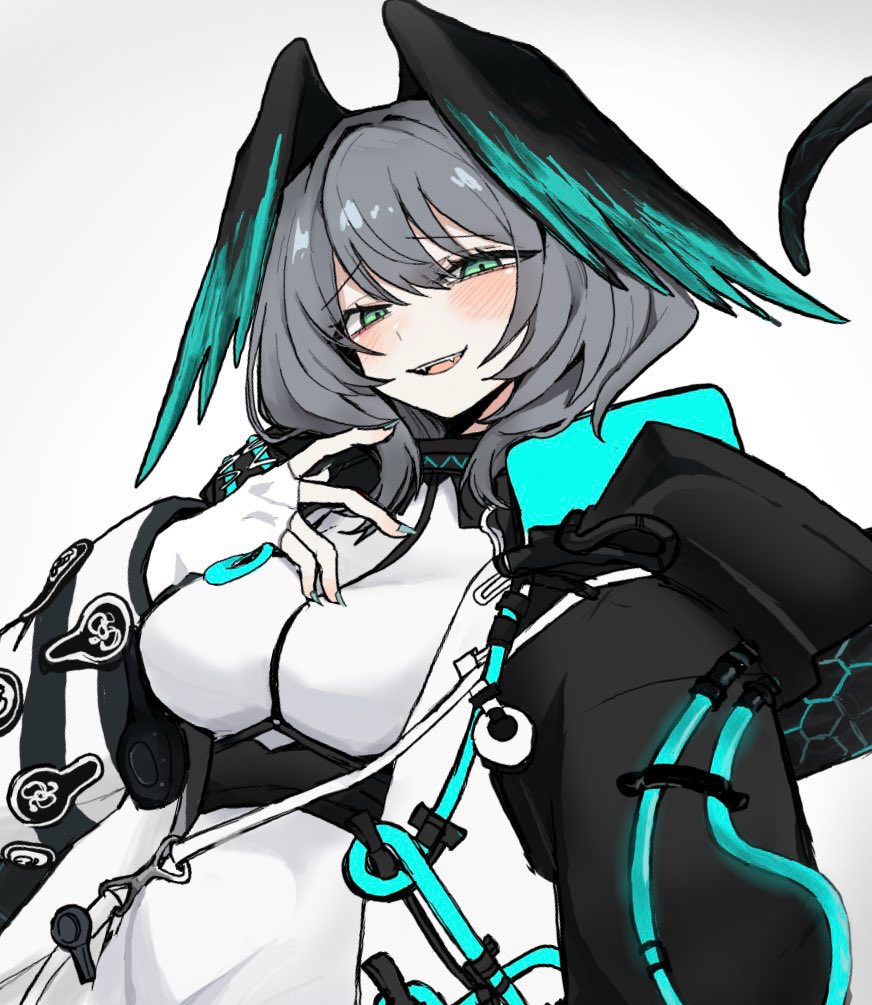 ikhlh2, ho'olheyak (arknights), arknights, commentary, 1girl, blush, breasts, fingerless gloves, fingernails, gloves, green eyes, grey hair, hair between eyes, half-closed eyes, head wings, jacket, long sleeves, medium breasts, open clothes, open jacket, open mouth, short hair, smile, solo, teeth, upper body, upper teeth only, white background, white gloves, white jacket, wings