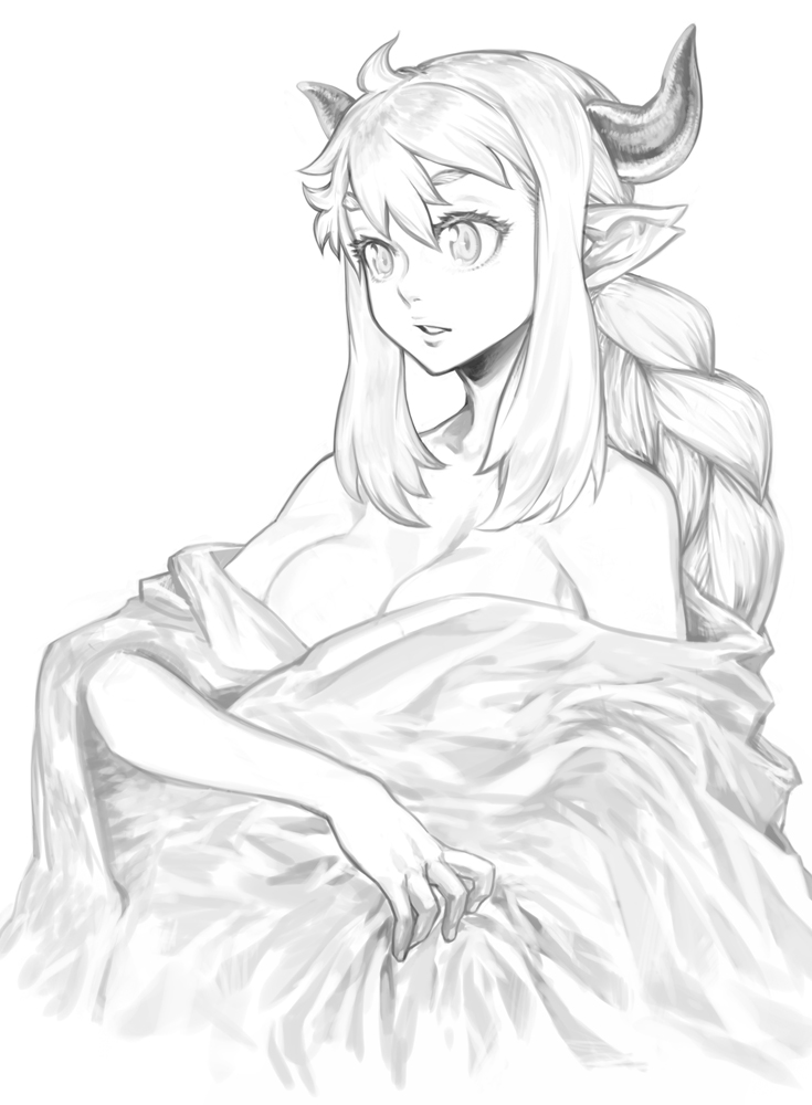 masn (moxi), original, 1girl, bare shoulders, braid, breasts, cleavage, fantasy, female focus, greyscale, horns, large breasts, long hair, monochrome, pointy ears, sidelocks, solo
