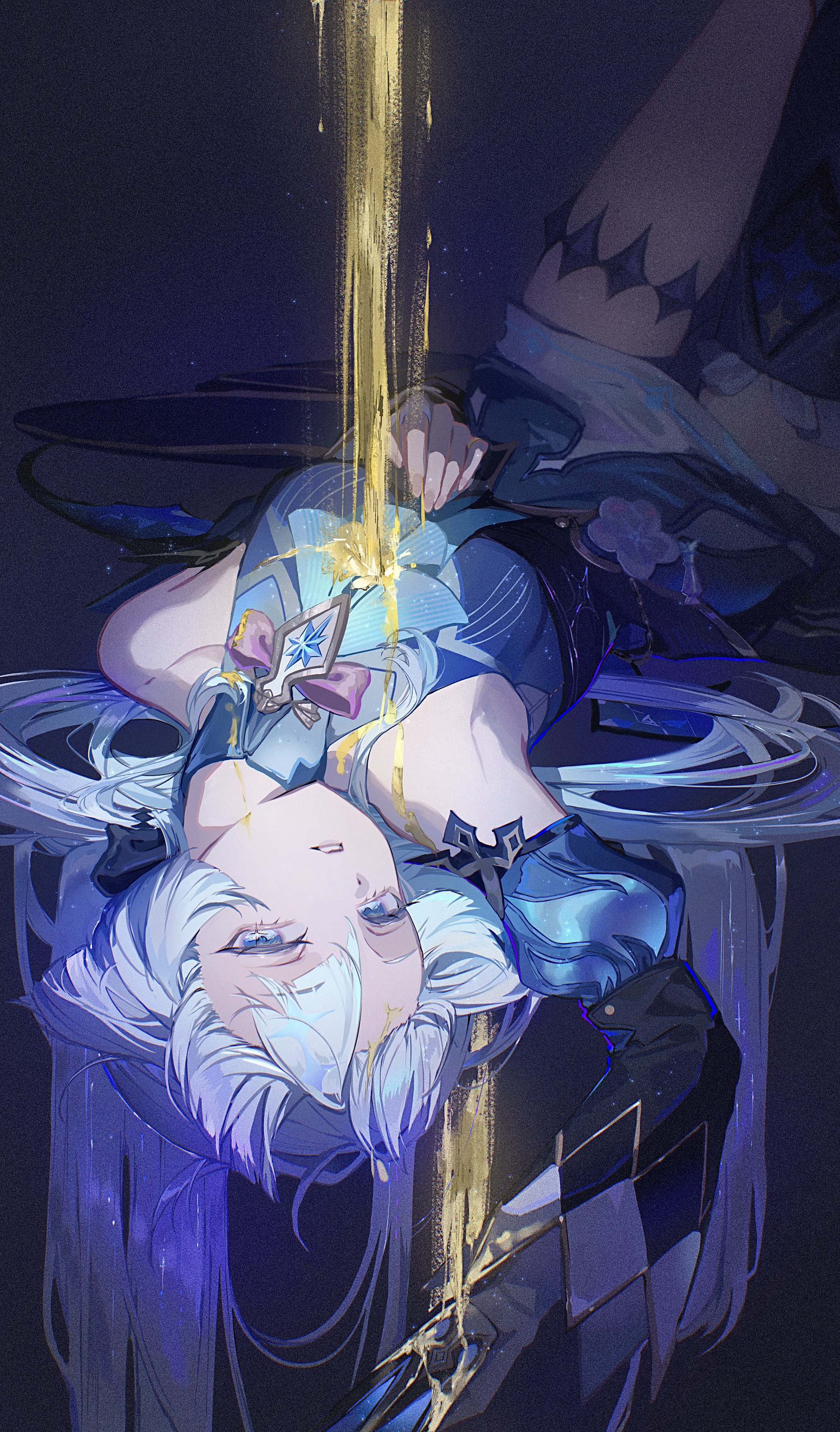 hitohachan, cerydra (honkai: star rail), honkai: star rail, honkai (series), absurdres, commentary request, highres, 1girl, armpits, bare shoulders, blue dress, blue eyes, blue streaks, breasts, crown, detached sleeves, diamond (shape), dress, floral print, hair flowing over, hair spread out, long hair, lying, medium breasts, mini crown, multicolored hair, on back, parted lips, single thighhigh, streaked hair, thigh strap, thighhighs, very long hair, white hair, yellow blood