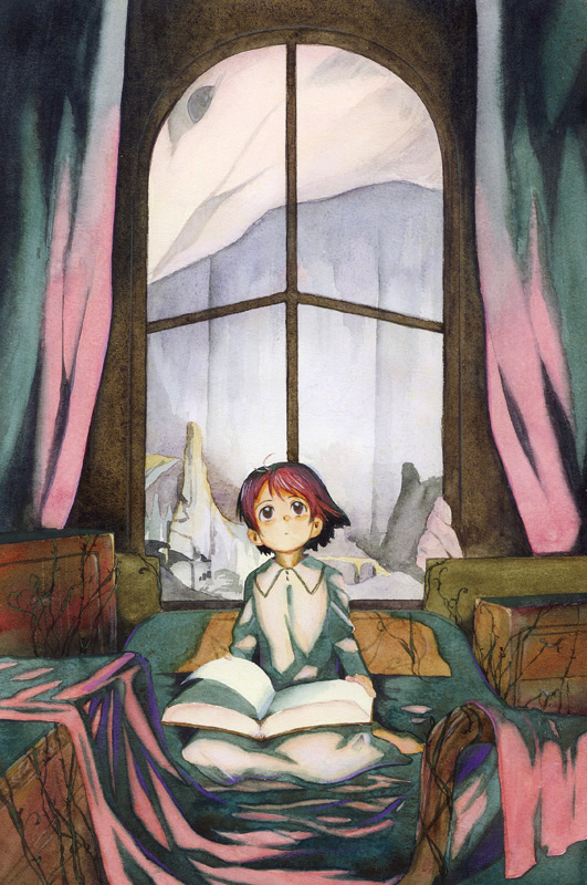 satou toshiyuki, 1girl, bed sheet, book, female focus, plant, red eyes, red hair, short hair, solo, vines, window