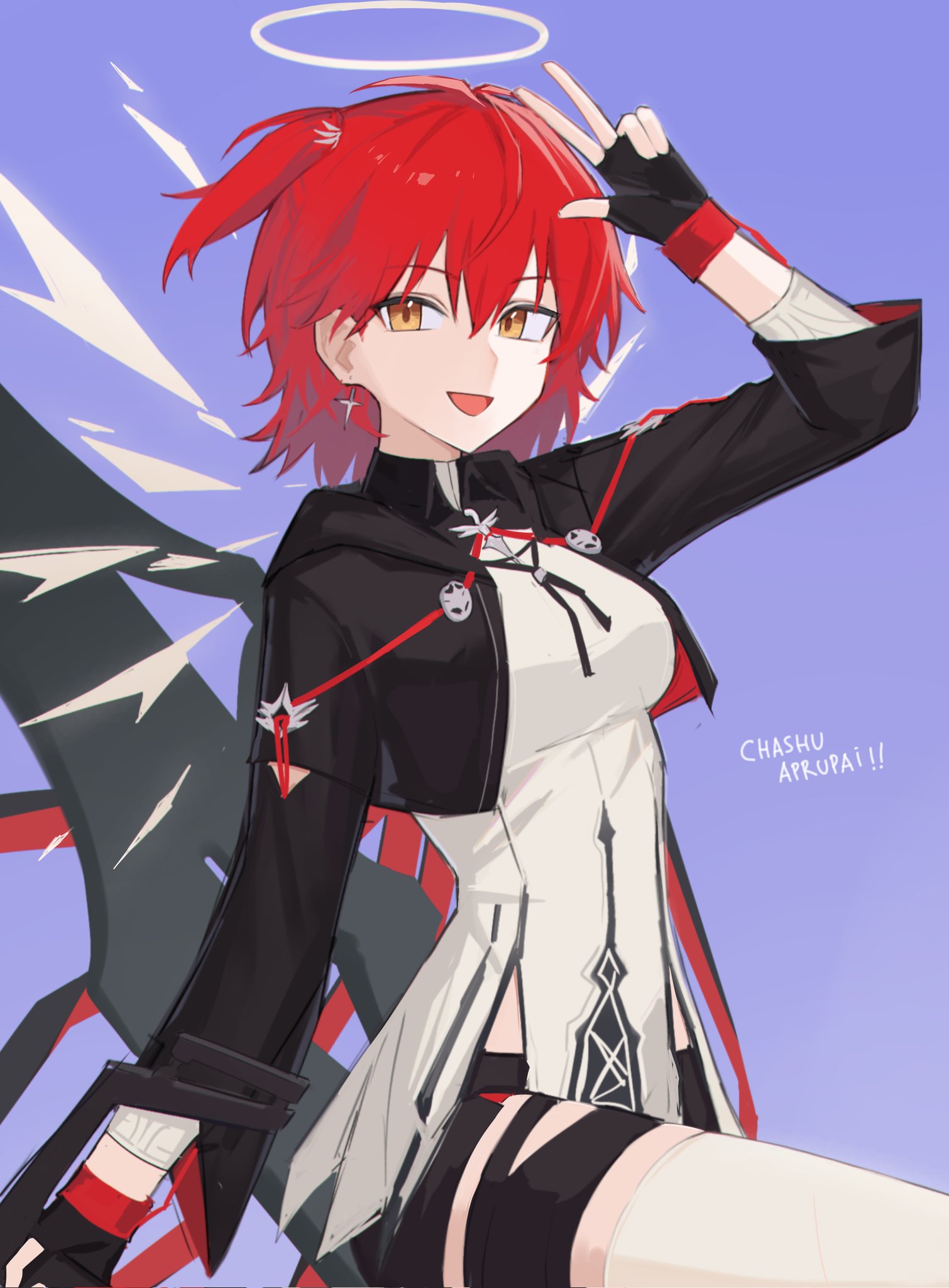 bajigurr, exusiai (arknights), exusiai the new covenant (arknights), arknights, corrupted twitter file, hashtag-only commentary, highres, 1girl, :d, arm up, black gloves, black jacket, black shorts, detached wings, earrings, fingerless gloves, gloves, hair between eyes, halo, jacket, jewelry, one side up, open mouth, purple background, red hair, shirt, short hair, shorts, smile, solo, thighhighs, traditional halo, w, white halo, white shirt, white thighhighs, wings, yellow eyes