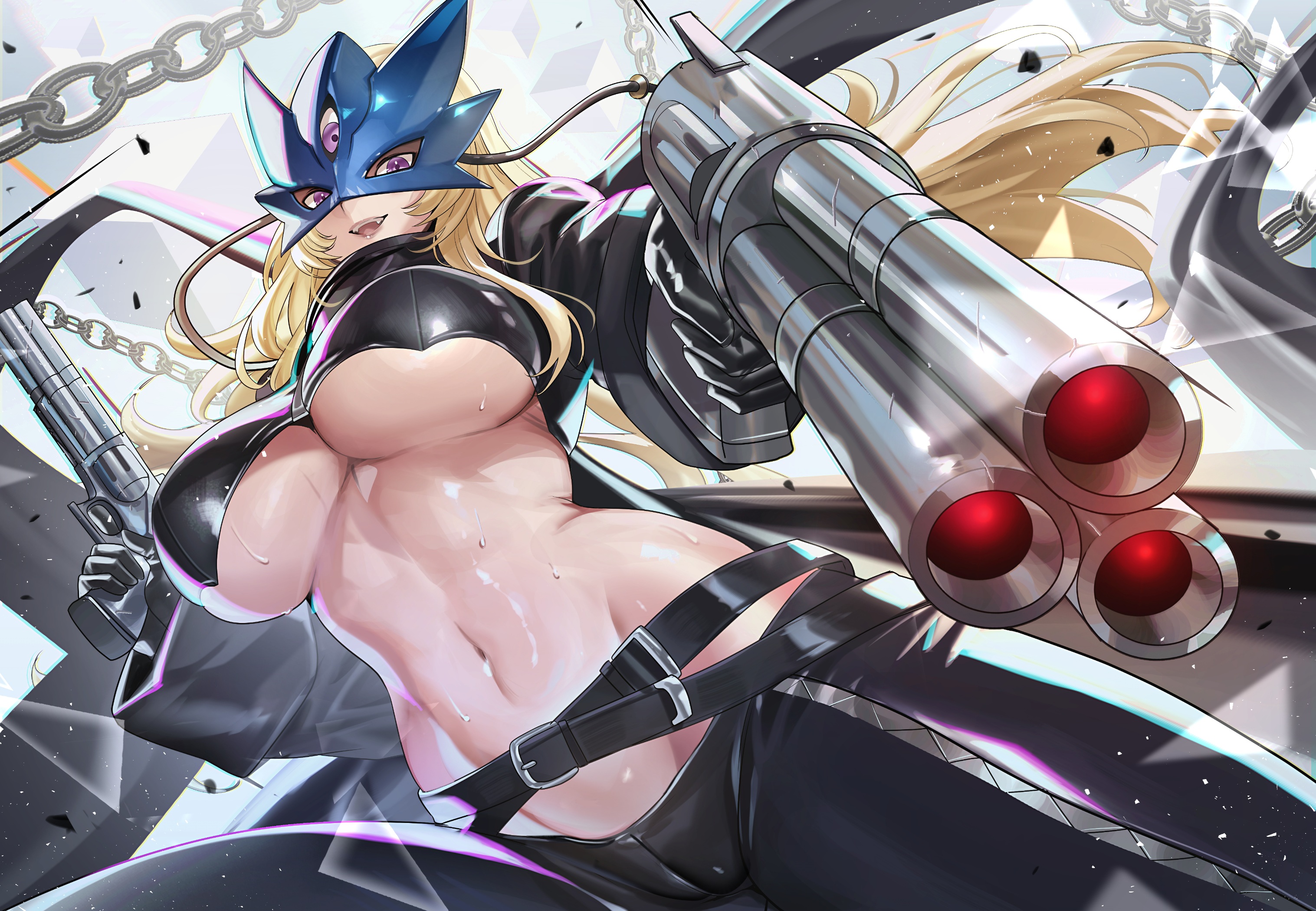 teddypocky, beelstarmon, digimon, commentary, highres, 1girl, :d, aiming, aiming at viewer, belt, black belt, black coat, black gloves, black pants, black vest, blonde hair, blue mask, breasts, chain, coat, cowboy shot, cropped vest, digimon (creature), dual wielding, eye mask, gloves, groin, gun, holding, holding gun, holding weapon, large breasts, leather, leather pants, long hair, looking at viewer, mask, multiple-barrel gun, navel, open clothes, open coat, open mouth, pants, purple eyes, sidelocks, smile, solo, stomach, sweat, teeth, third eye, tight clothes, tight pants, trigger discipline, underboob, upper teeth only, vest, weapon, zipper
