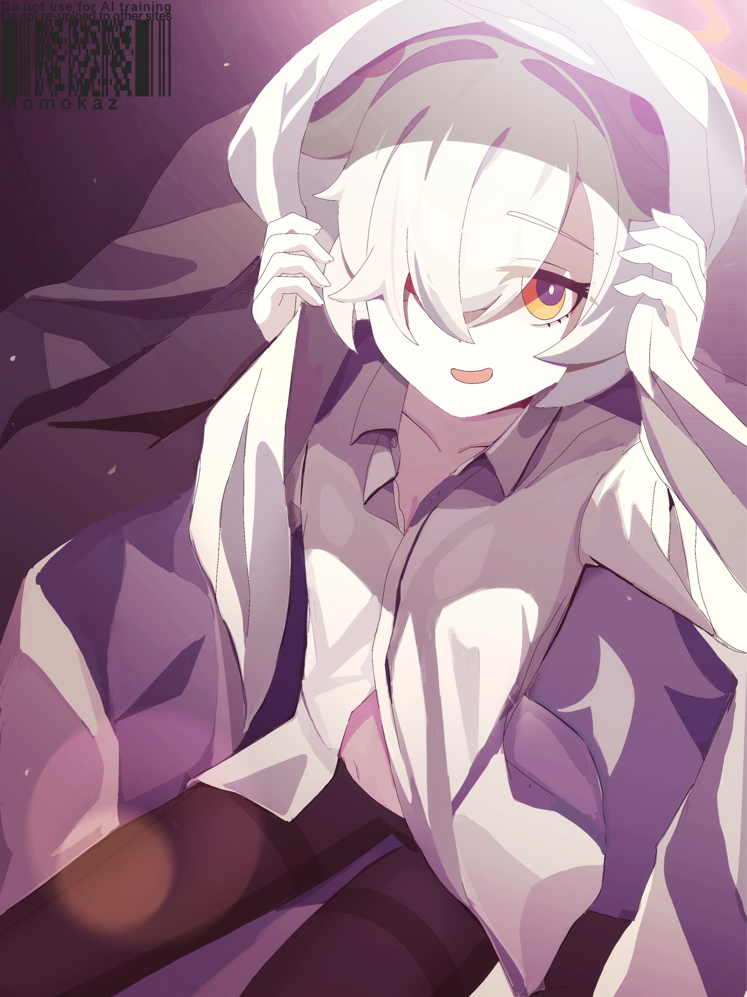 momokaz, kanoe (blue archive), blue archive, highres, 1girl, black pantyhose, brown eyes, drying, drying hair, drying own hair, grey hair, hair over one eye, halo, long sleeves, looking at viewer, navel, open mouth, orange halo, pantyhose, shirt, sitting, solo, towel, towel on head, white shirt