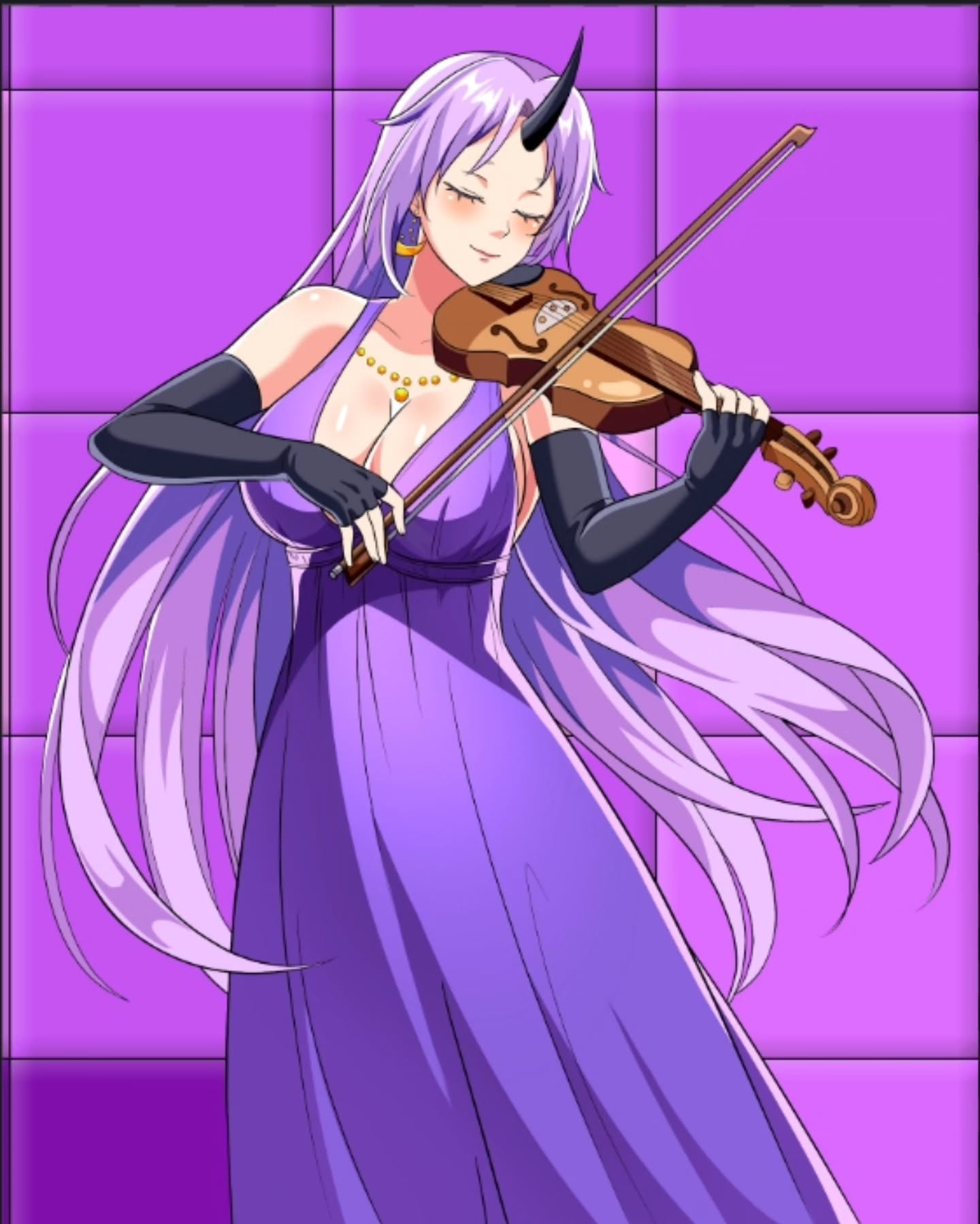 shion (tensura), tensei shitara slime datta ken, aliasing, commentary, english commentary, highres, 1girl, black gloves, bow (music), breasts, cleavage, closed eyes, dress, earrings, elbow gloves, fingerless gloves, gloves, heyreza.art, holding, holding bow (music), holding instrument, holding violin, horns, instrument, jewelry, large breasts, long dress, long hair, music, playing instrument, purple background, purple dress, purple hair, single horn, smile, solo, very long hair, violin