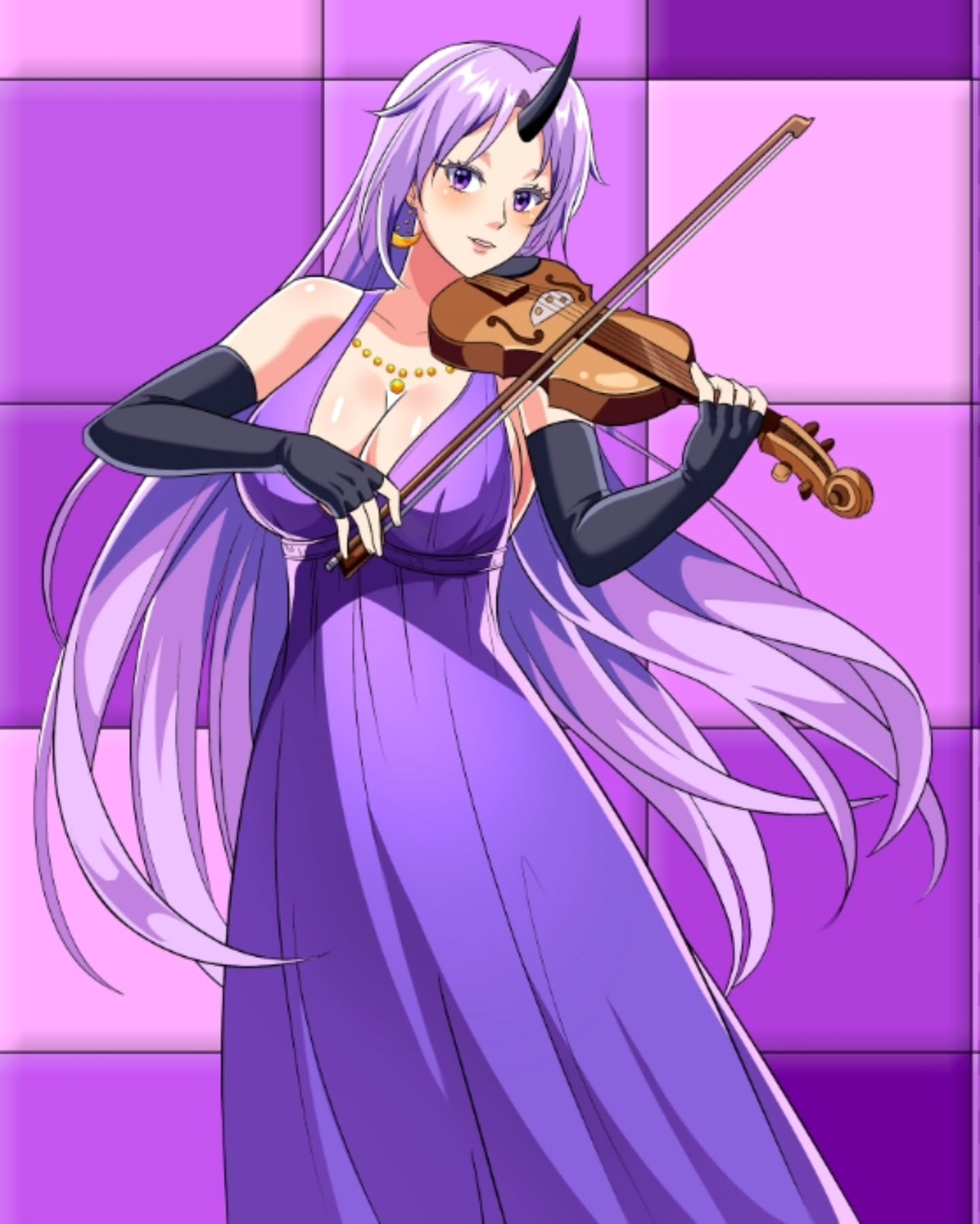 shion (tensura), tensei shitara slime datta ken, aliasing, commentary, english commentary, highres, 1girl, black gloves, bow (music), breasts, cleavage, dress, earrings, elbow gloves, fingerless gloves, gloves, heyreza.art, holding, holding bow (music), holding instrument, holding violin, horns, instrument, jewelry, large breasts, long dress, long hair, music, parted lips, playing instrument, purple background, purple dress, purple eyes, purple hair, single horn, solo, very long hair, violin