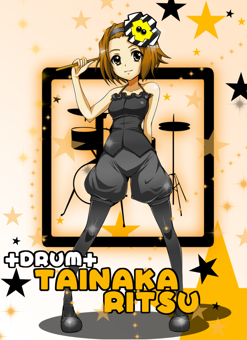 saruno banana, tainaka ritsu, don't say "lazy", k-on!, 00s, 1girl, brown eyes, brown hair, drumsticks, female focus, full body, pantyhose, puffy pants, short hair, solo