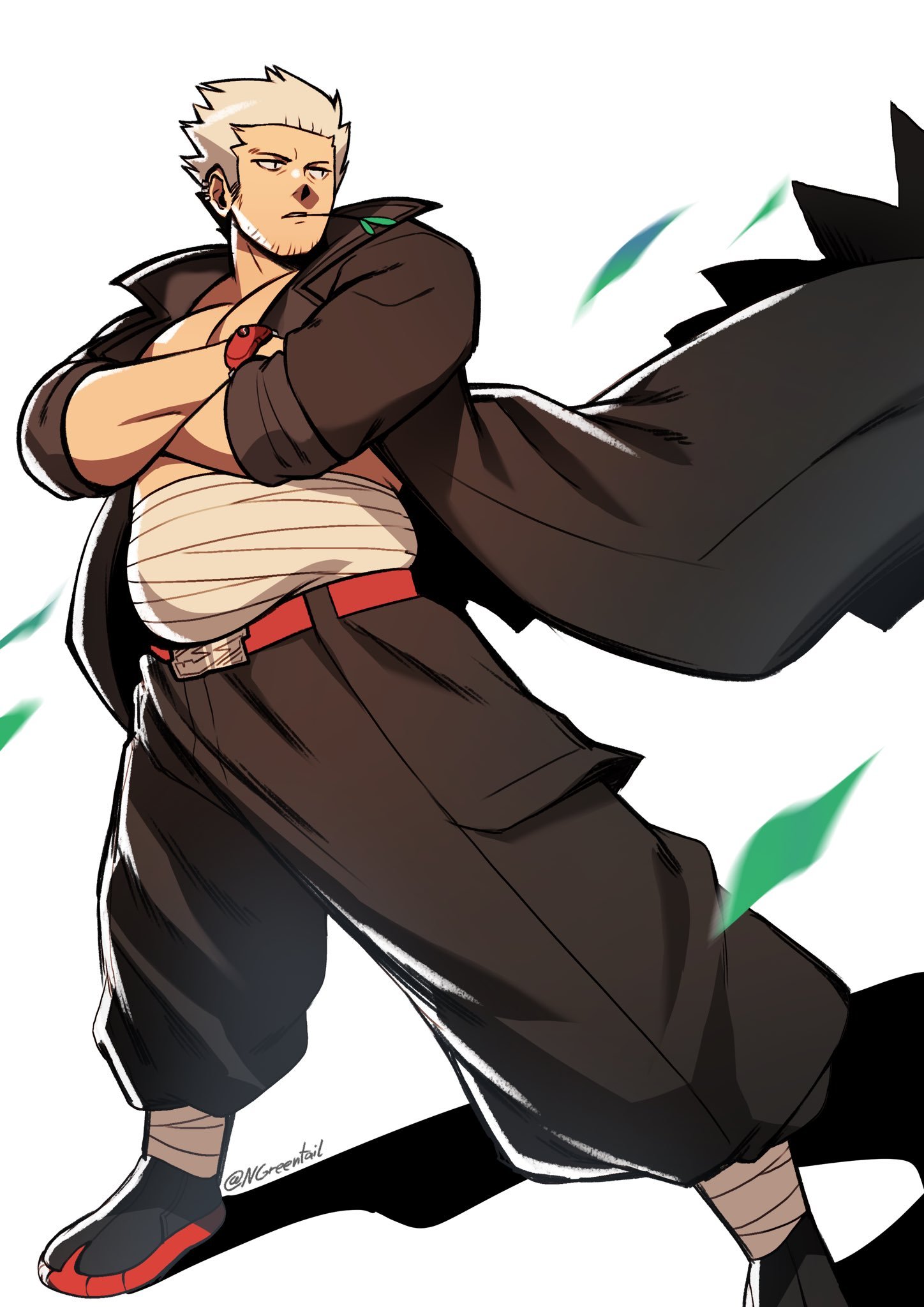 nifast (greentail), nintendo, pokemon, character request, commission, highres, 1boy, baggy pants, bara, belly, coat, crossed arms, from below, full body, humanization, large pectorals, looking to the side, male focus, mature male, midriff sarashi, mouth hold, muscular, muscular male, open clothes, open coat, pants, pectoral cleavage, pectorals, plump, sarashi, short hair, solo, sparse stubble, stalk in mouth, standing