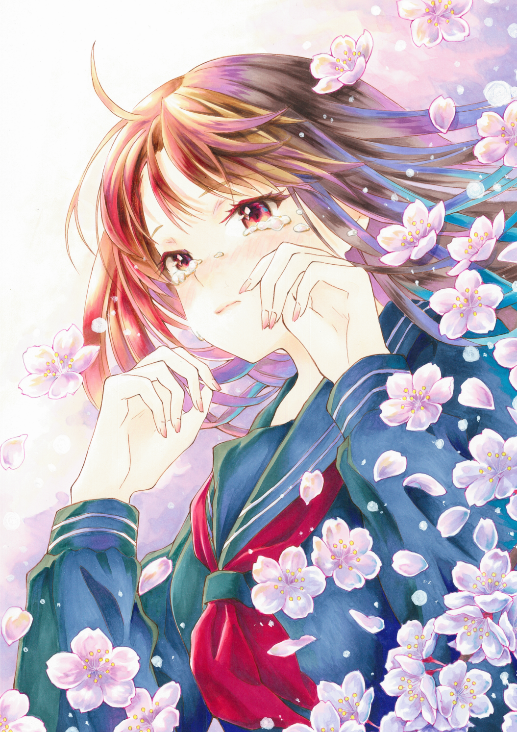 yukki59829, original, commentary request, highres, marker (medium), traditional media, 1girl, blue sailor collar, blue shirt, brown eyes, brown hair, choppy bangs, closed mouth, crying, crying with eyes open, floating hair, flower, hands up, long hair, neckerchief, pink flower, red neckerchief, sailor collar, sailor shirt, school uniform, shirt, solo, tears, upper body