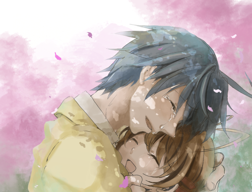 konako, furukawa nagisa, okazaki tomoya, clannad, bad id, bad pixiv id, lowres, 00s, 1boy, 1girl, blue hair, brown hair, closed eyes, couple, hetero, hug, husband and wife, school uniform, tears