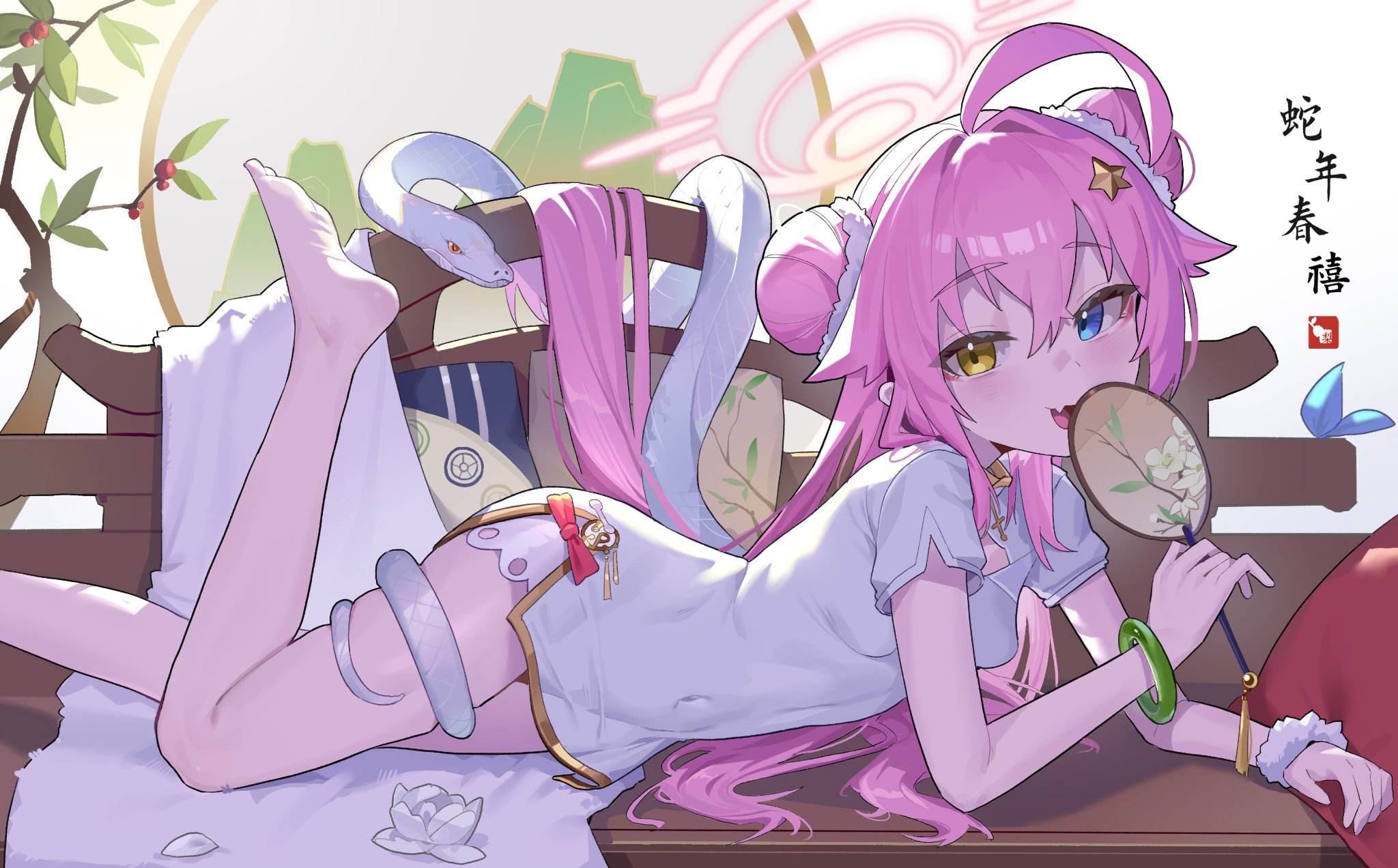 dream of pears, hoshino (blue archive), hoshino (flowery charms) (blue archive), blue archive, mahjong soul, hashtag-only commentary, highres, 1girl, ahoge, alternate costume, alternate hairstyle, bangle, bare legs, barefoot, bench, blonde hair, blush, bracelet, breasts, china dress, chinese clothes, covered navel, crossed bangs, dot nose, double bun, dress, fang, feet, feet up, flower, hair between eyes, hair bun, hair ornament, hair over shoulder, halo, hand fan, heterochromia, holding, holding fan, huge ahoge, jewelry, loli, long hair, looking at viewer, lying, on bench, on side, open mouth, petals, pink hair, pink halo, scrunchie, short sleeves, skin fang, small breasts, smile, snake, soles, solo, star (symbol), star hair ornament, thighs, toes, very long hair, white dress, white flower, white scrunchie, white snake, wrist scrunchie, yellow eyes