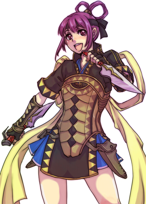 9wa, miakis (suikoden), gensou suikoden, gensou suikoden v, bad id, bad pixiv id, armor, blush, fingerless gloves, gloves, headband, knife, miniskirt, open mouth, purple eyes, purple hair, short hair, simple background, skirt, smile, solo