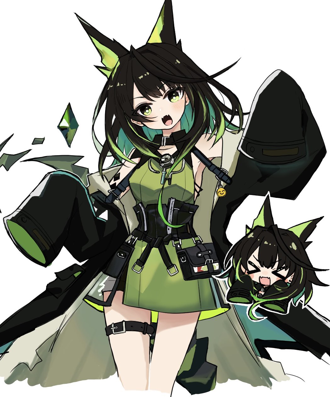 ikhlh2, mon3tr (arknights), arknights, commentary request, highres, > <, 1girl, :d, arm up, bare shoulders, belt, belt buckle, black belt, black coat, black hair, black sash, blush, buckle, chibi, chibi inset, coat, colored inner hair, crystal, dress, emoji, fangs, green dress, green eyes, green hair, hand up, looking at viewer, material growth, medium hair, multicolored hair, off shoulder, open mouth, oripathy lesion (arknights), pouch, sash, short dress, simple background, skin fangs, sleeveless, sleeveless dress, sleeves past fingers, sleeves past wrists, smile, solo, standing, thigh belt, thigh strap, white background