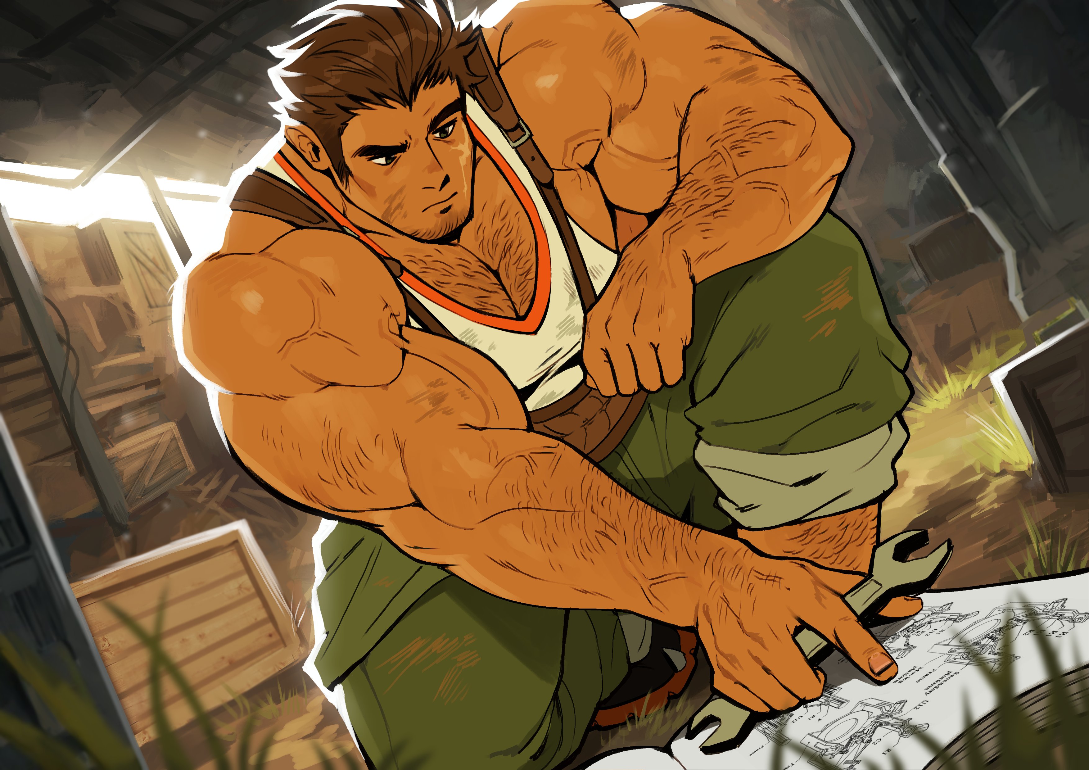 nifast (greentail), original, absurdres, highres, 1boy, backlighting, bara, facial hair, goatee stubble, hairy, huge pectorals, leg hair, male focus, mature male, mechanic, medium sideburns, muscular, muscular male, nat20 (greentail), on one knee, pectorals, sidepec, solo, sparse arm hair, stubble, tan, tank top, thick arms, thick chest hair, thick eyebrows, veins, veiny arms, very hair, white tank top, wrench