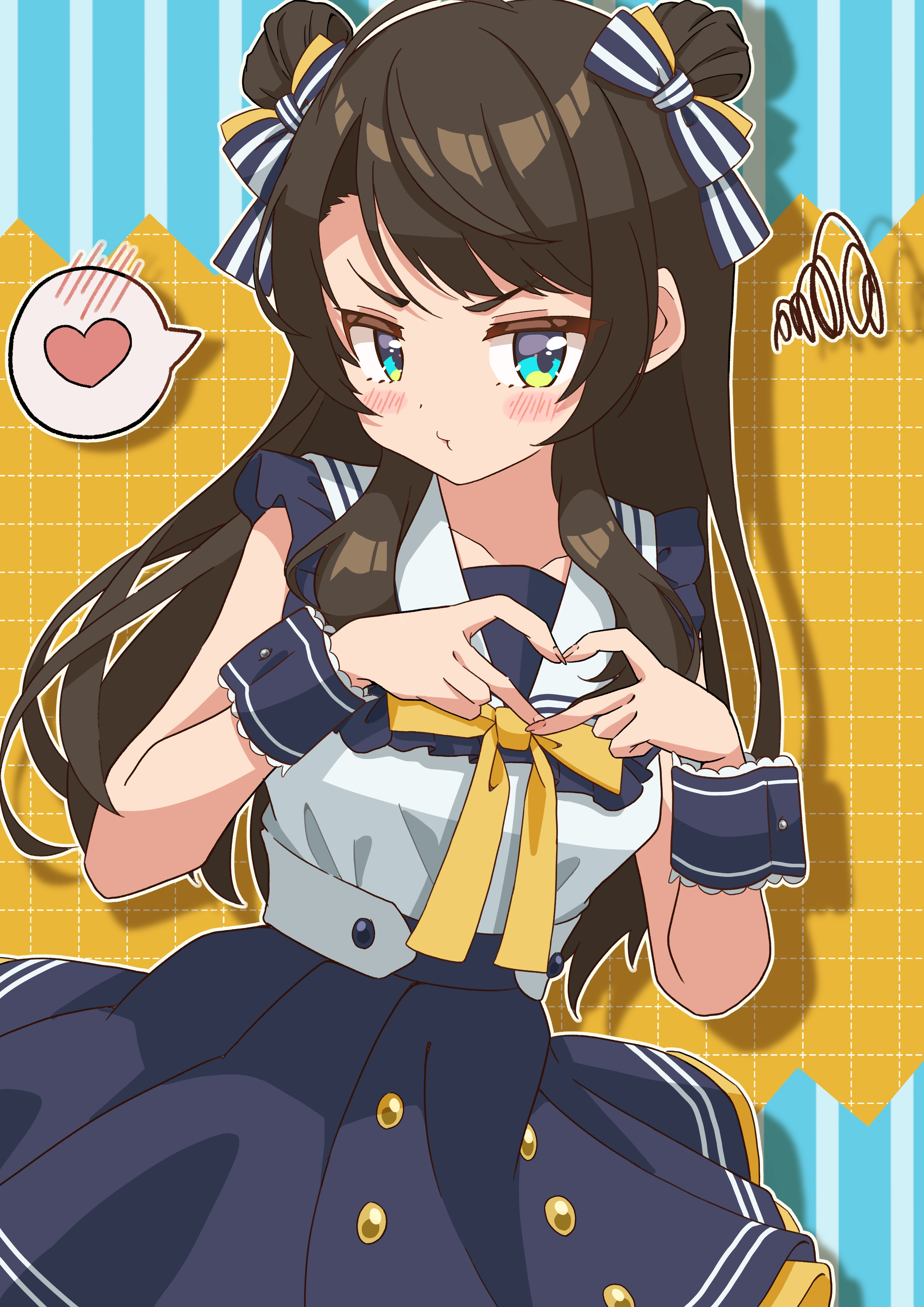 refisa, oozora subaru, oozora subaru (9th costume), hololive, absurdres, highres, 1girl, black skirt, blue eyes, blue wrist cuffs, blush, brown hair, closed mouth, double bun, four-finger heart hands, hair bun, heart, heart hands, looking at viewer, official alternate costume, official alternate hairstyle, shirt, skirt, solo, spoken heart, virtual youtuber, white shirt, wrist cuffs
