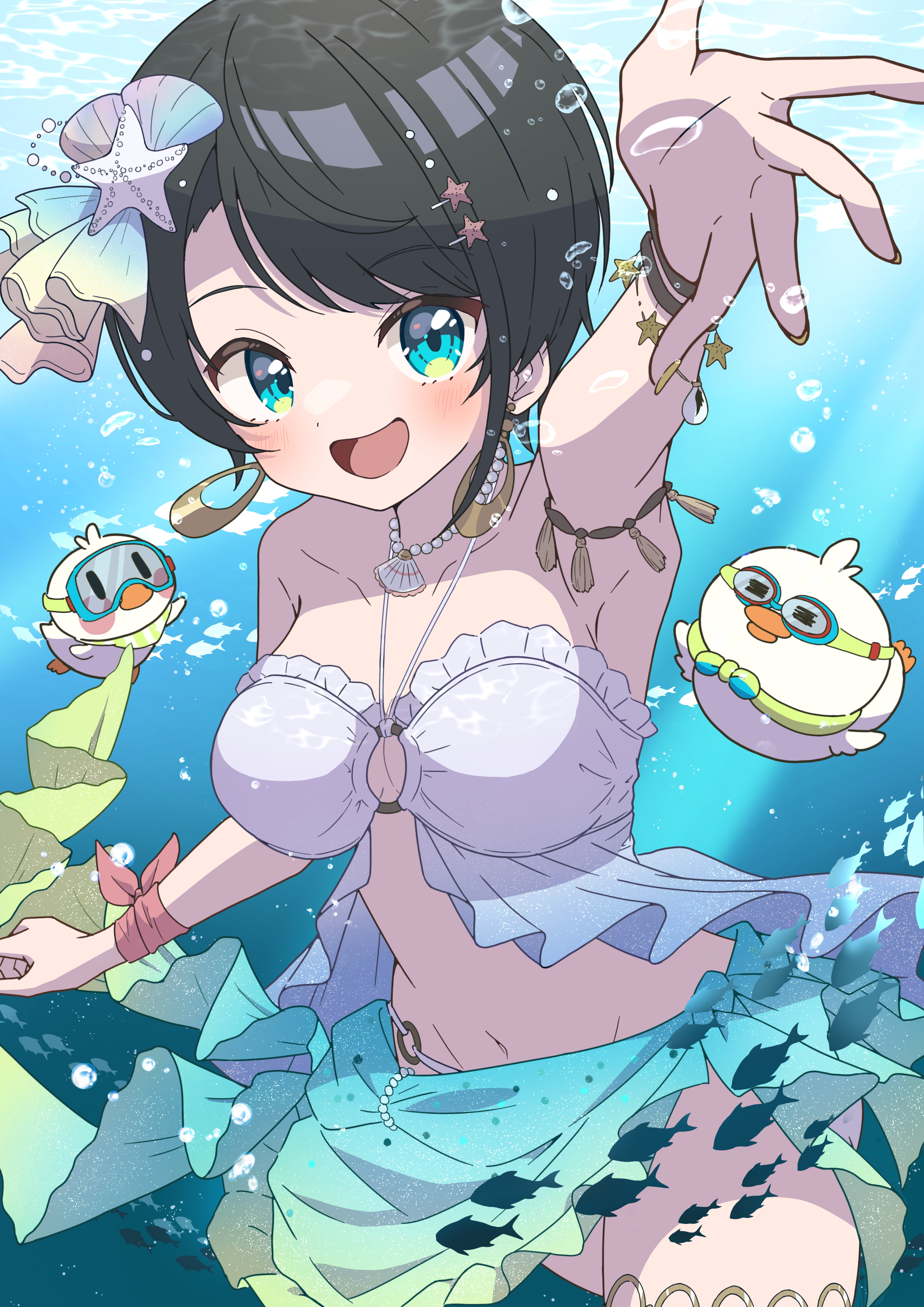 refisa, oozora subaru, oozora subaru (holonatsu paradise), subatomo (big), subatomo (oozora subaru), subatomo (small), hololive, absurdres, highres, 1girl, bikini, blue eyes, blue skirt, breasts, brown hair, cleavage, fish, looking at viewer, medium breasts, navel, official alternate costume, open mouth, short hair, skirt, smile, solo, swimsuit, underwater, virtual youtuber, white bikini