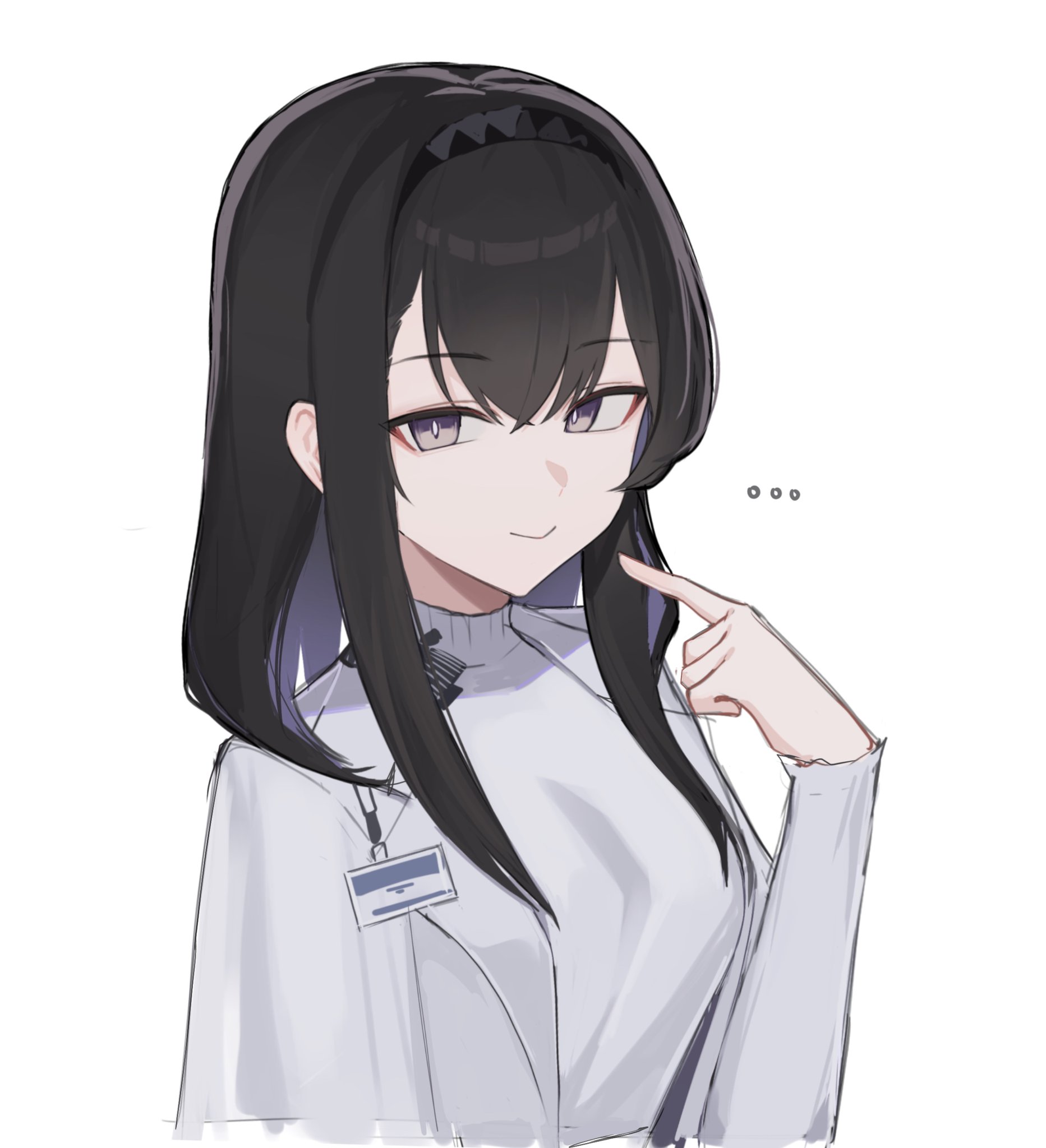 bajigurr, priestess (arknights), arknights, hashtag-only commentary, highres, …, 1girl, black eyes, black hair, black hairband, bright pupils, closed mouth, grey shirt, hair between eyes, hairband, long sleeves, looking at viewer, medium hair, pointing, pointing at self, shirt, simple background, smile, solo, turtleneck, turtleneck shirt, white background, white pupils