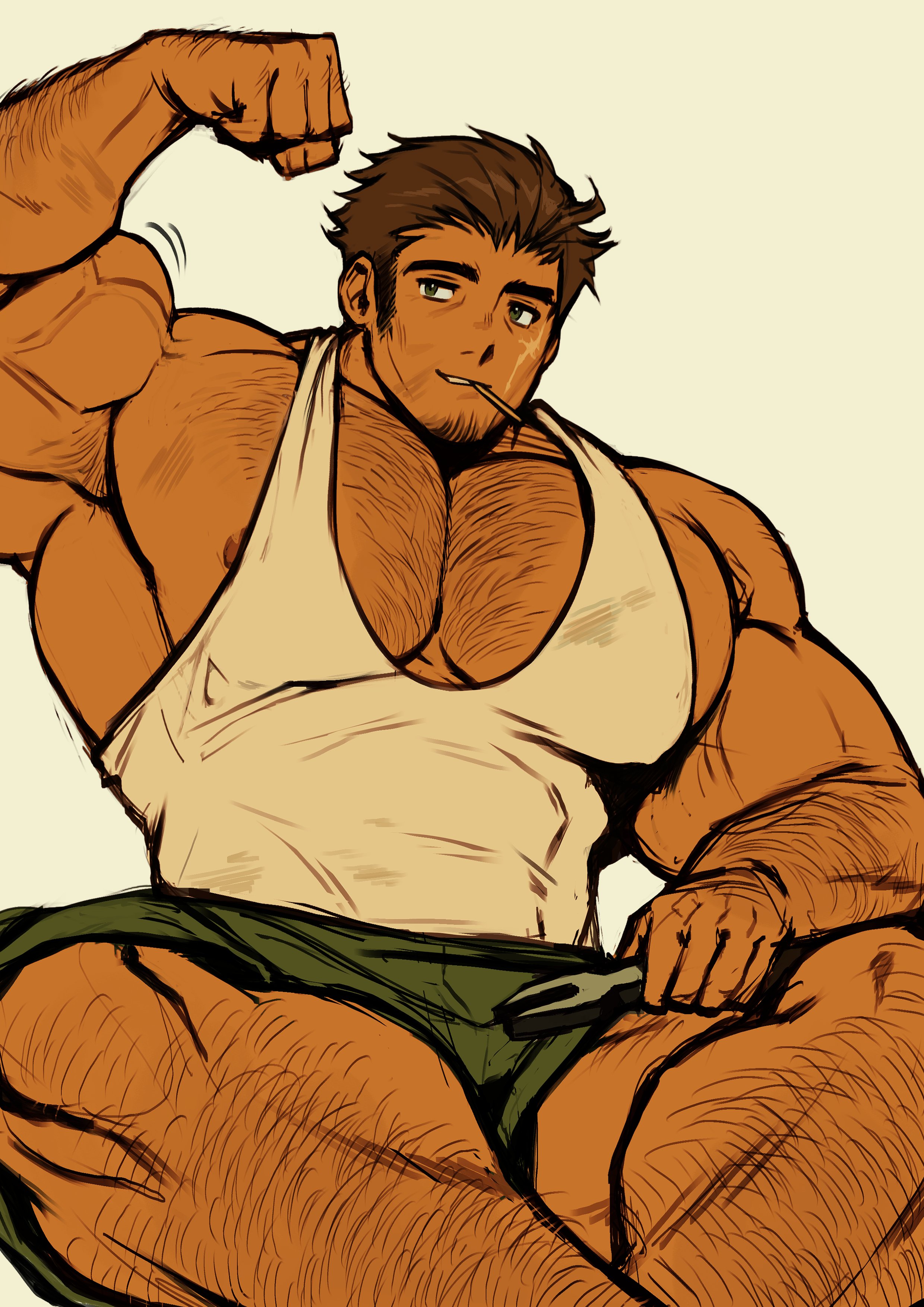 nifast (greentail), original, absurdres, highres, 1boy, bara, biceps, facial hair, feet out of frame, flexing, goatee stubble, green shorts, hairy, holding, holding wrench, huge pectorals, light smile, male focus, mature male, medium sideburns, motion lines, muscular, muscular male, nat20 (greentail), nipple slip, nipples, pectoral cleavage, pectorals, shorts, sidepec, smoking, solo, stubble, tan, thick arm hair, thick chest hair, thick eyebrows, thick leg hair, very hairy, wrench