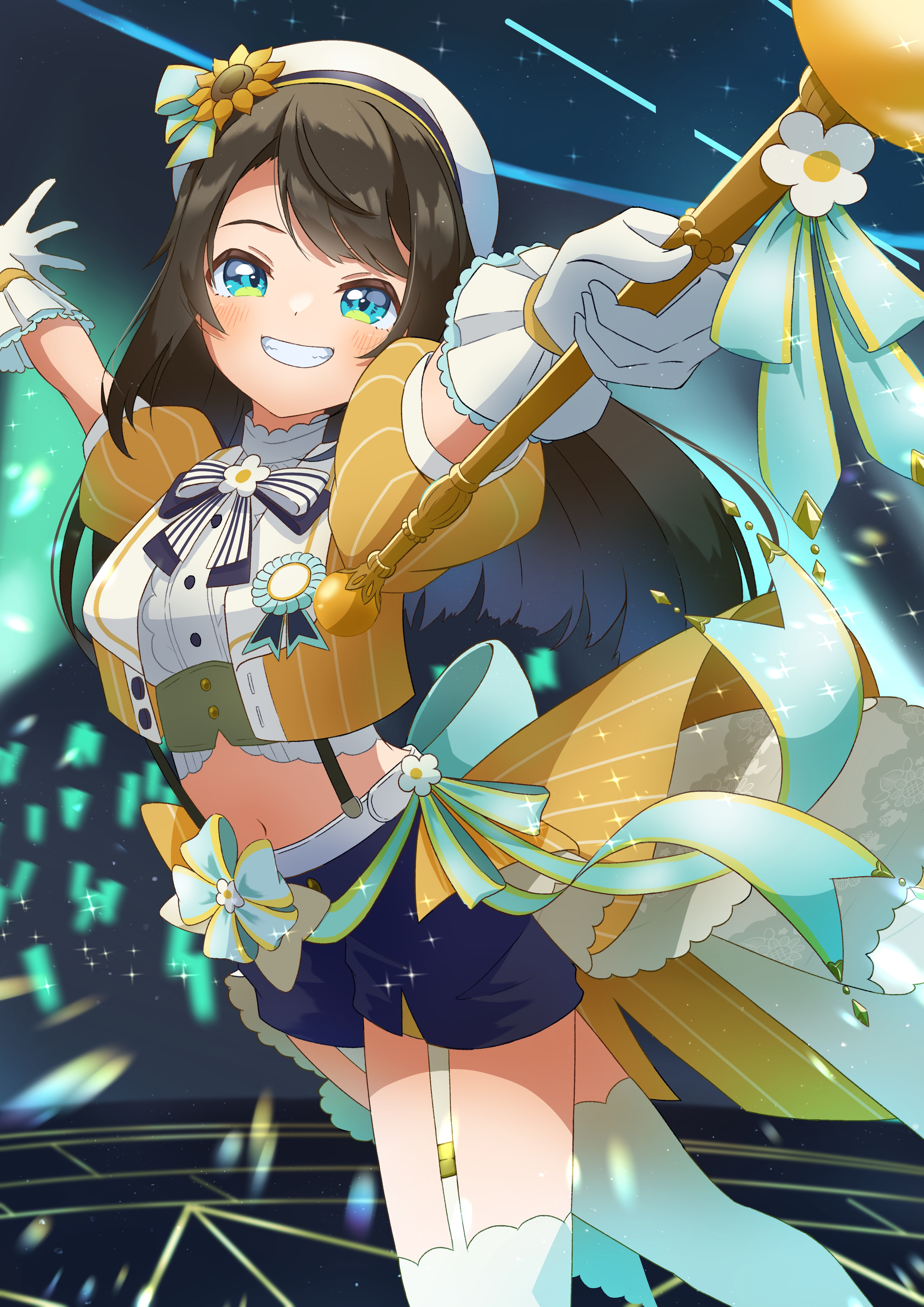 refisa, oozora subaru, oozora subaru (starlight), hololive, absurdres, highres, 1girl, beret, blue eyes, blue shorts, brown hair, closed mouth, cropped jacket, gloves, hat, holding, holding staff, jacket, long hair, looking at viewer, official alternate costume, official alternate hairstyle, shirt, shorts, smile, solo, staff, thighhighs, virtual youtuber, white gloves, white hat, white shirt, white thighhighs, yellow jacket