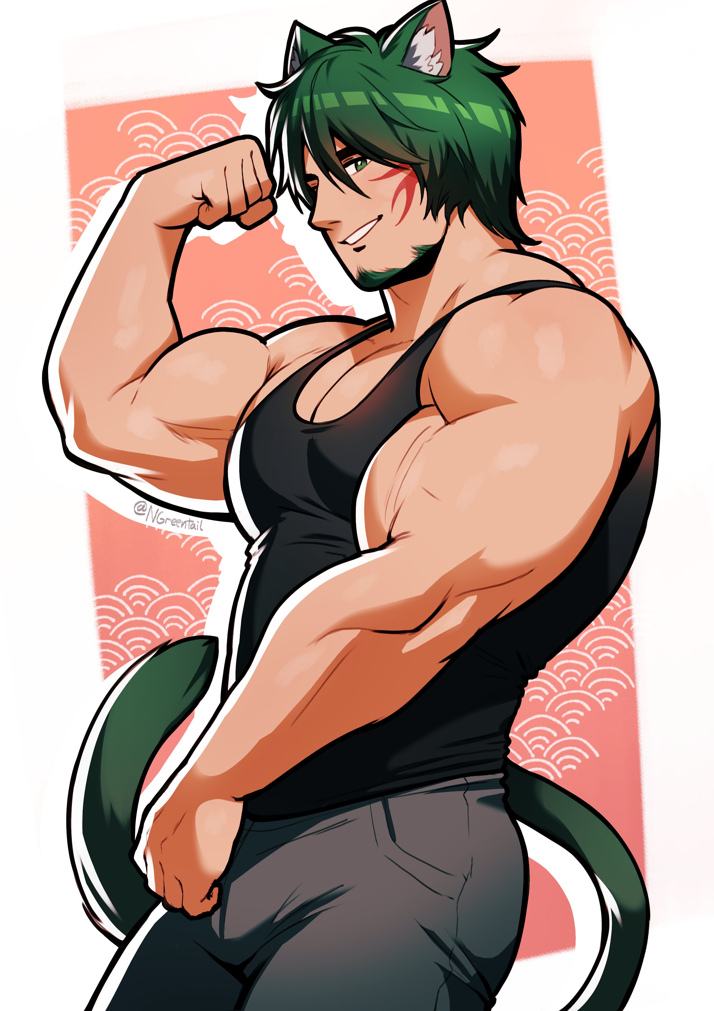 nifast (greentail), final fantasy, final fantasy vii, absurdres, character request, check copyright, commission, copyright request, highres, 1boy, animal ears, bara, biceps, black tank top, cat boy, cat ears, cat tail, cowboy shot, flexing, green hair, large pectorals, looking at viewer, male focus, mature male, motion lines, muscular, muscular male, pants, pectoral cleavage, pectorals, profile, short hair, solo, standing, tail, tank top