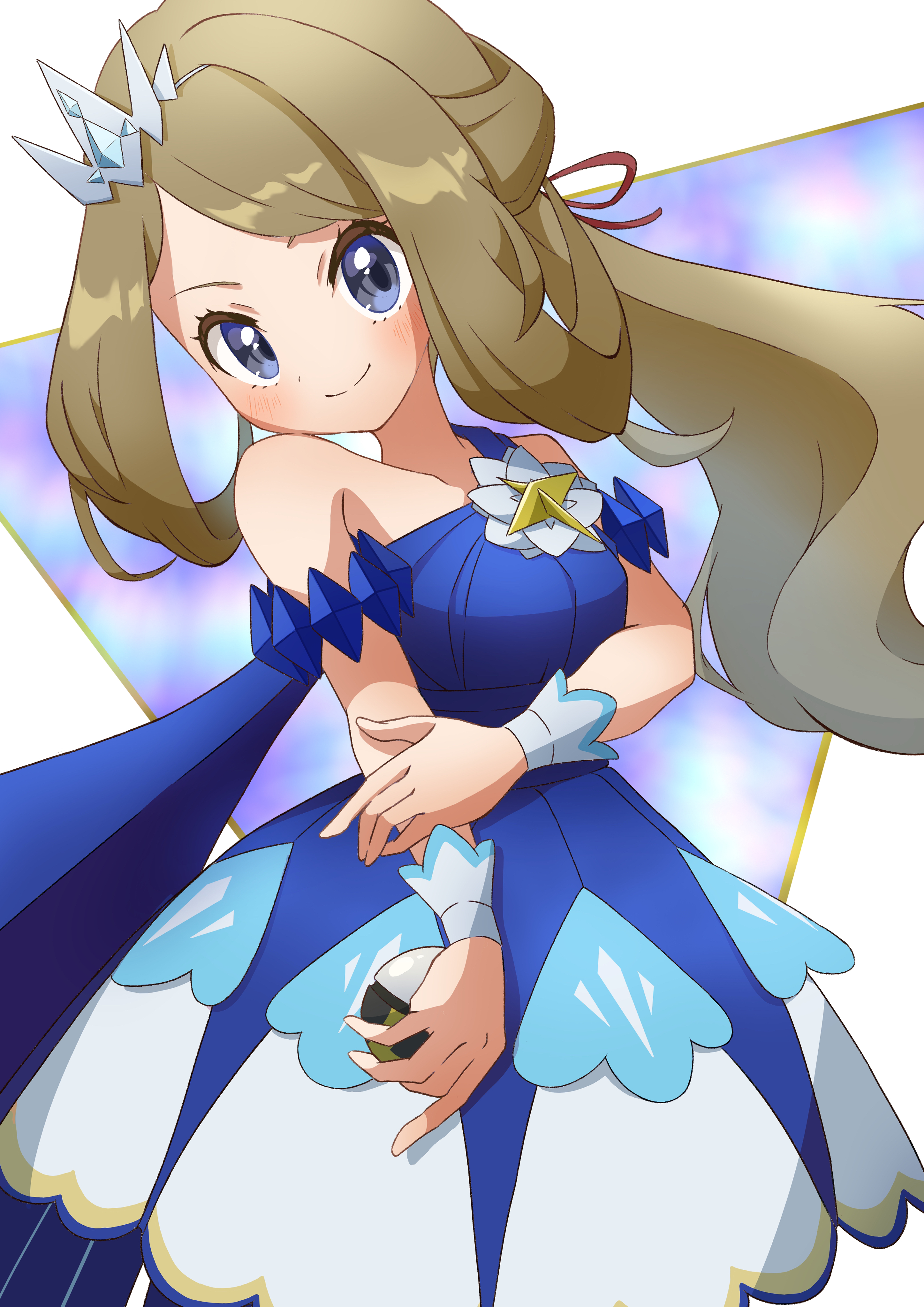 refisa, serena (champion) (pokemon), serena (pokemon), nintendo, pokemon, pokemon masters ex, pokemon xy, absurdres, highres, 1girl, blue dress, blue eyes, blush, brown hair, closed mouth, crown, dress, holding, holding poke ball, long hair, looking at viewer, master ball, official alternate costume, poke ball, ponytail, smile, solo